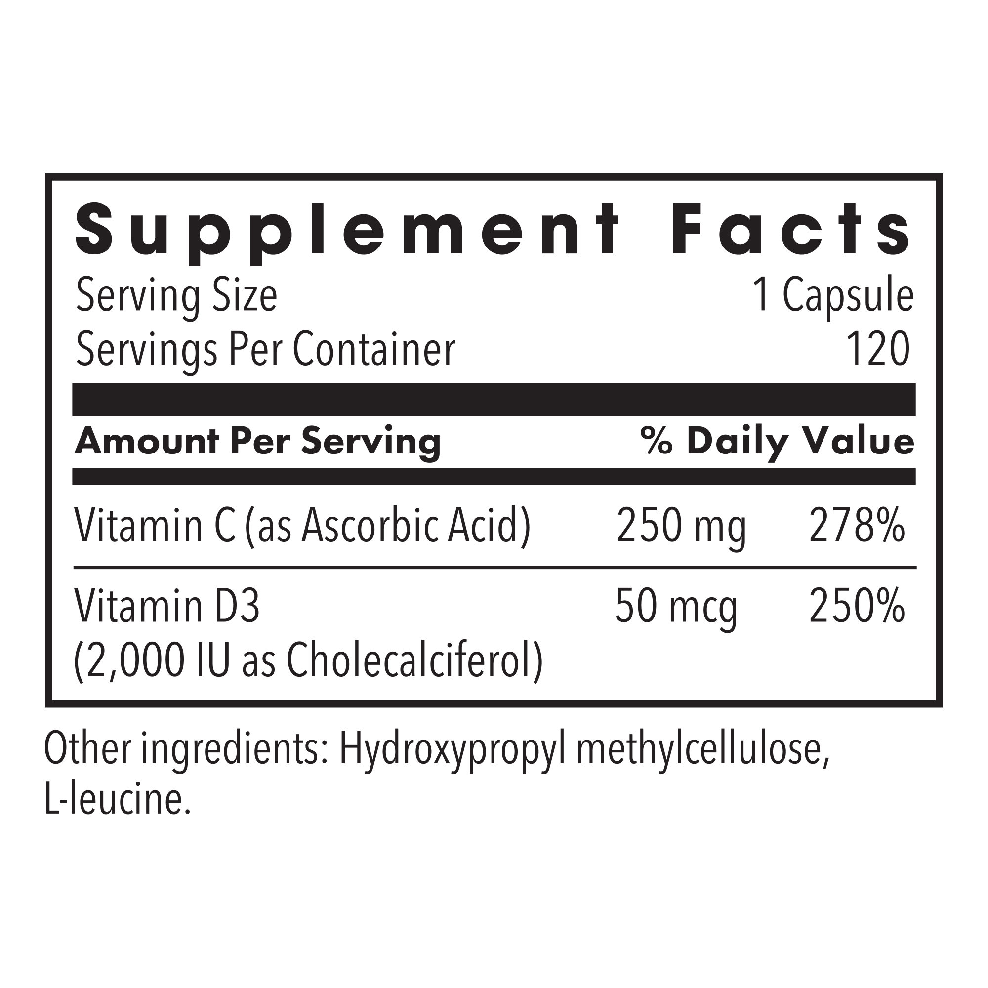 Supplement Facts panel showing Vitamin D3 50 mcg per capsule and serving size one capsule.
