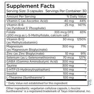 Supplement Facts panel for MetaCalm showing L-theanine, GABA, glycine, 5-HTP, and stress support supplement information
