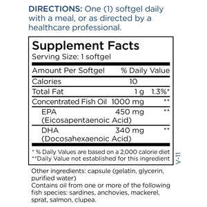 Supplement Facts panel for Mega Omega Extra Strength showing 1000 mg fish oil with EPA 450 mg and DHA 340 mg per softgel