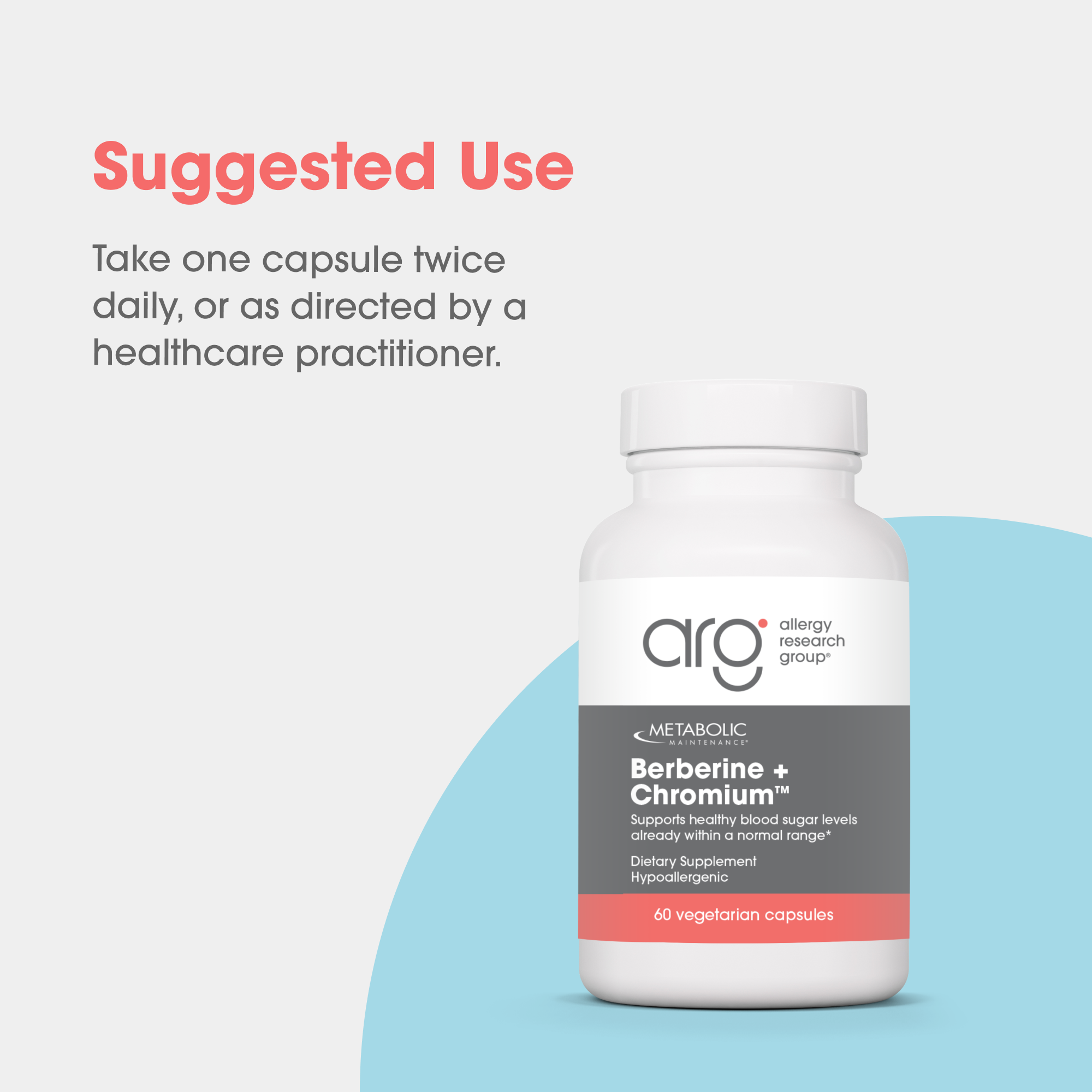 White bottle of Metabolic Maintenance Berberine + Chromium with ARG branding and 60 vegetarian capsules.