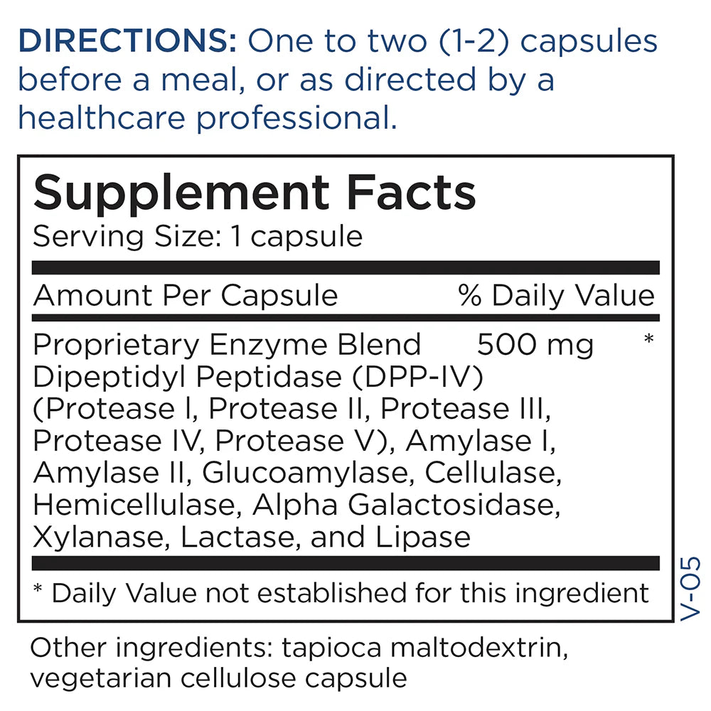 Supplement Facts panel for GluDaZyme showing digestive enzyme blend for gluten, casein, carbohydrates, lactose, fats, and protein digestion