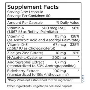 Supplement Facts panel for Acute Immune Boost showing vitamins A, C, D, zinc, NAC, elderberry, and immune support ingredients