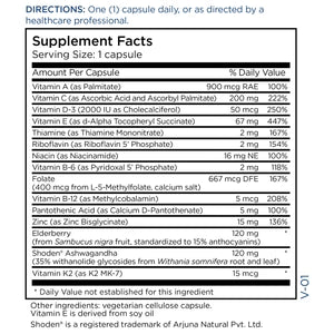 Supplement Facts panel for Balanced Response showing multivitamin nutrients, elderberry, ashwagandha, and serving information