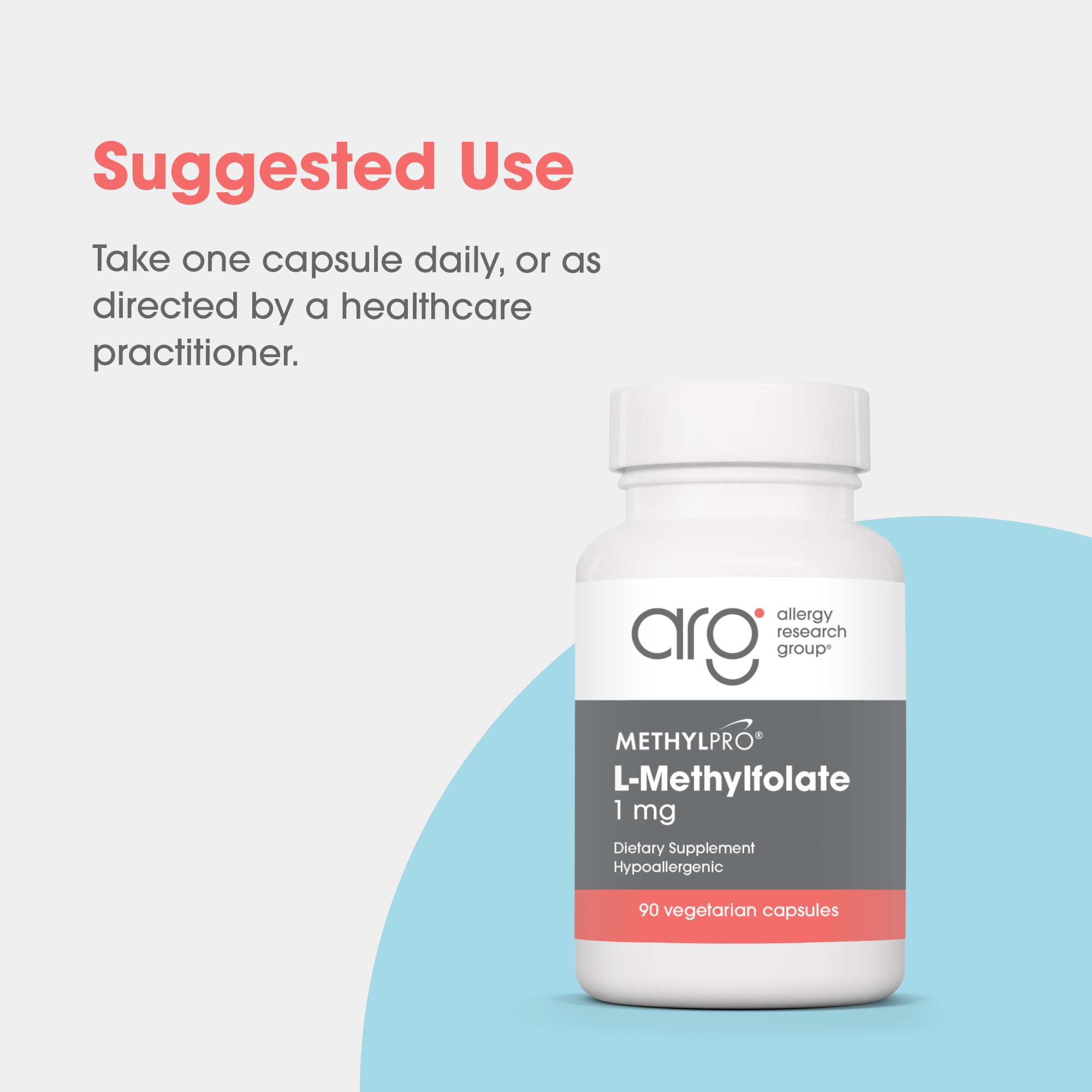 Suggested Use section with MethylPro L-Methylfolate bottle on a light background with a blue curved shape.