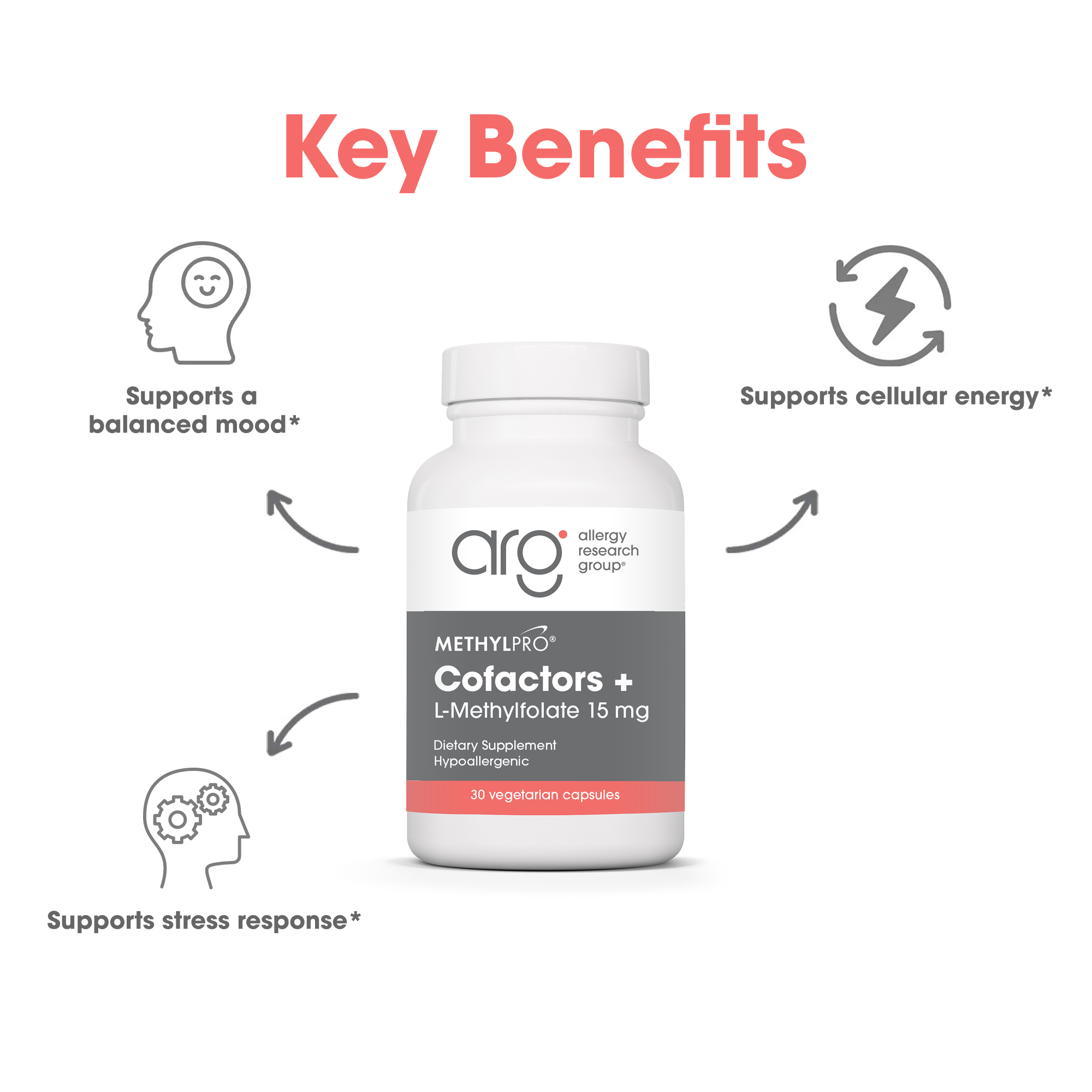 MethylPro Cofactors bottle centered in a Key Benefits layout with icons around