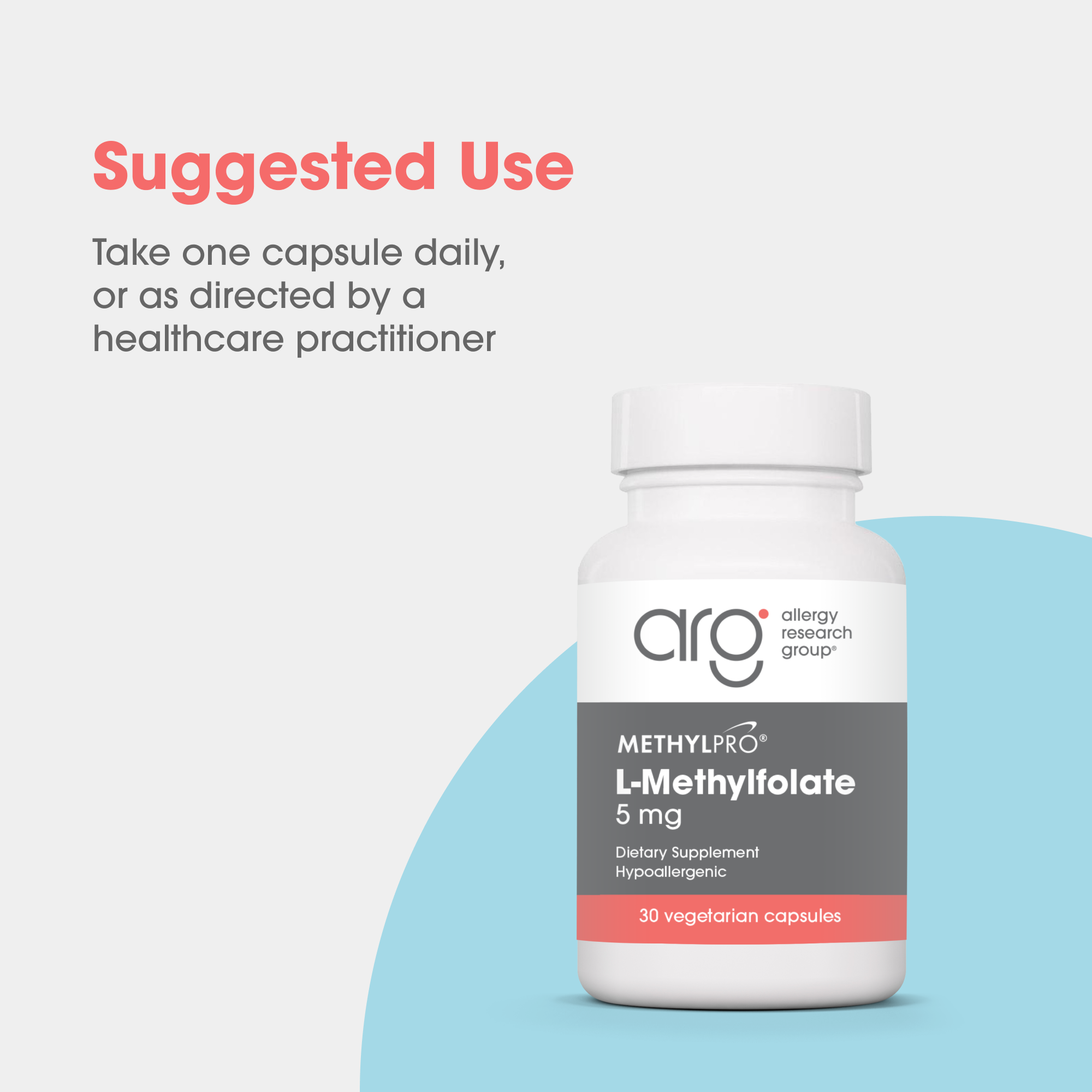 MethylPro L-Methylfolate 5 mg dietary supplement bottle shown with suggested use on a light background