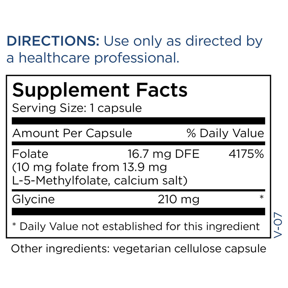 Supplement Facts panel for MethylPro L-Methylfolate 10 mg showing active folate amount, serving size, and methylation support supplement details