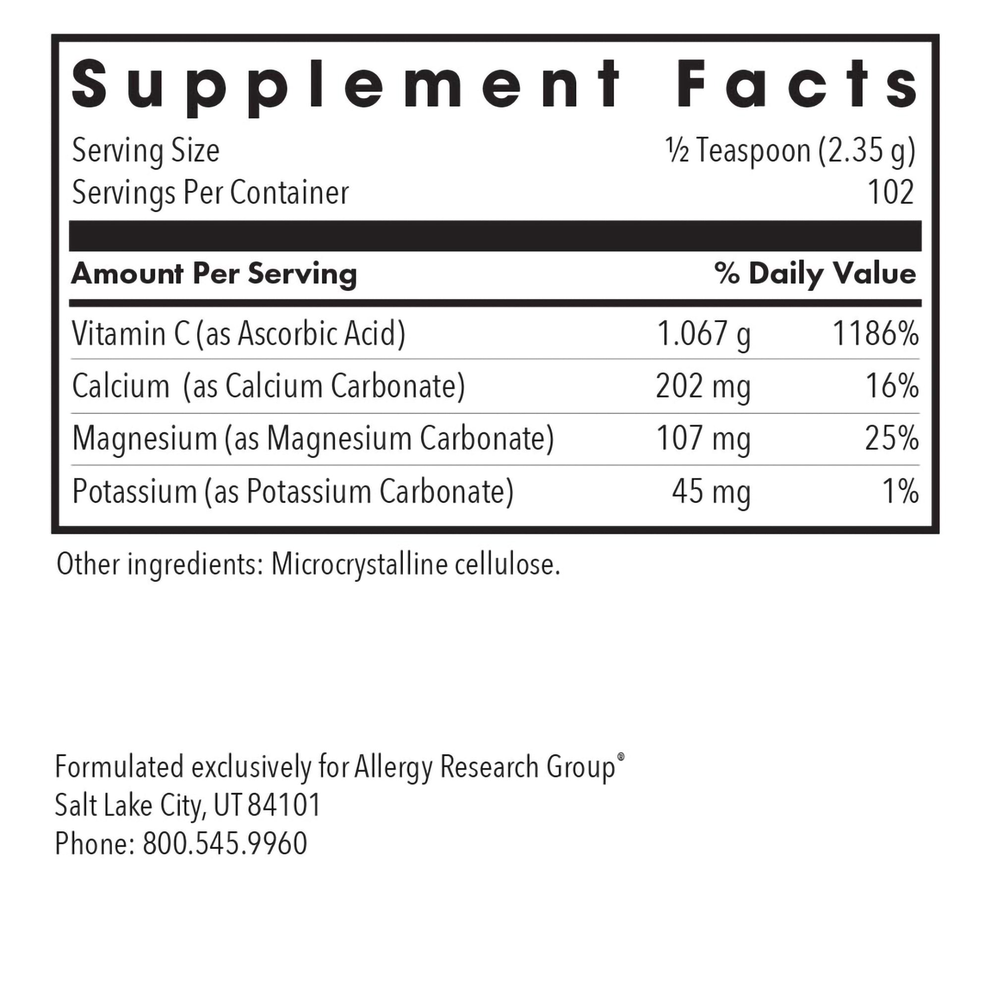 Buffered Vitamin C Powder - supplement fact label with Vitamin C, Calcium, Magnesium and Potassium