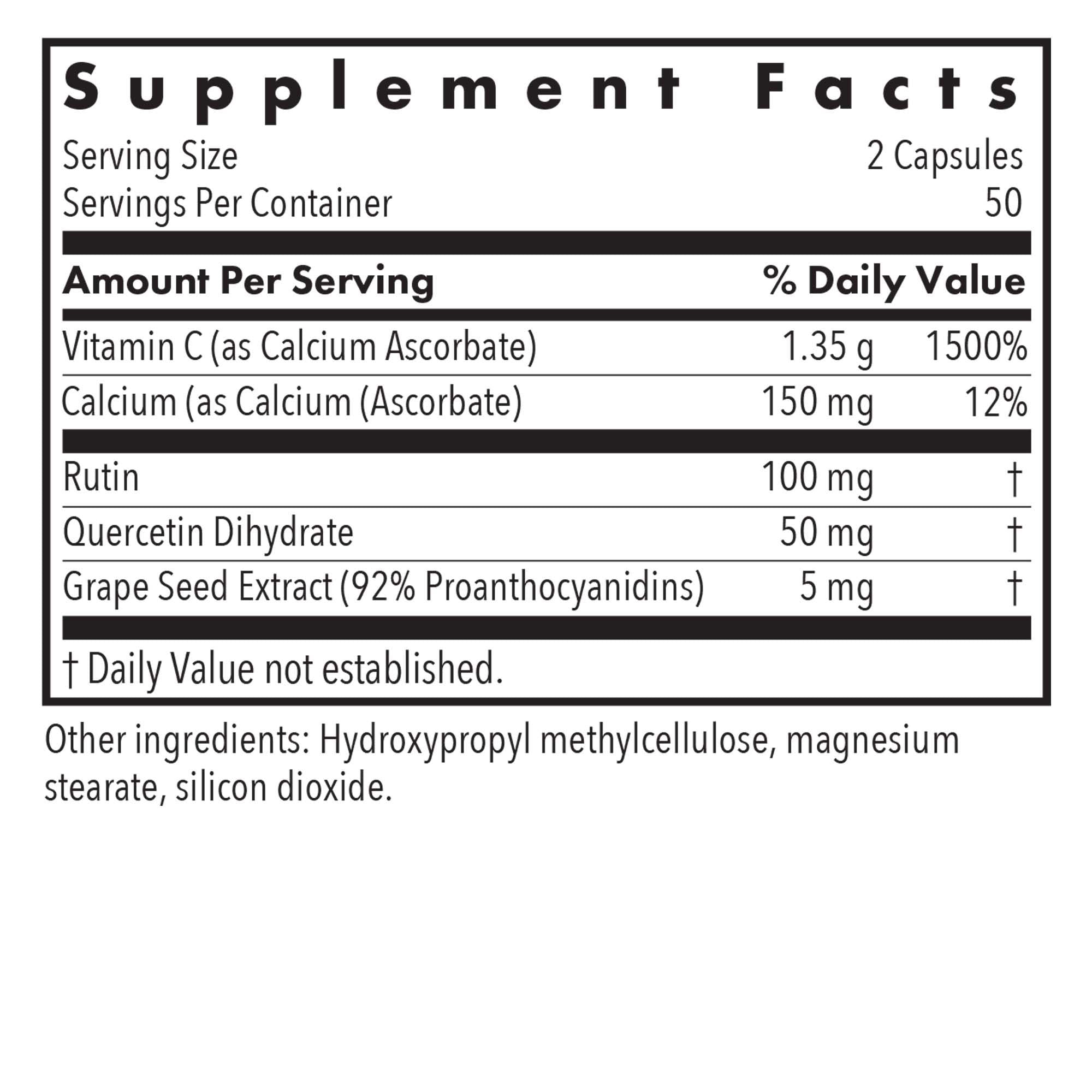 Supplement Facts panel for Esterol Ester-C showing vitamin C nutrient information, serving size, and daily value details
