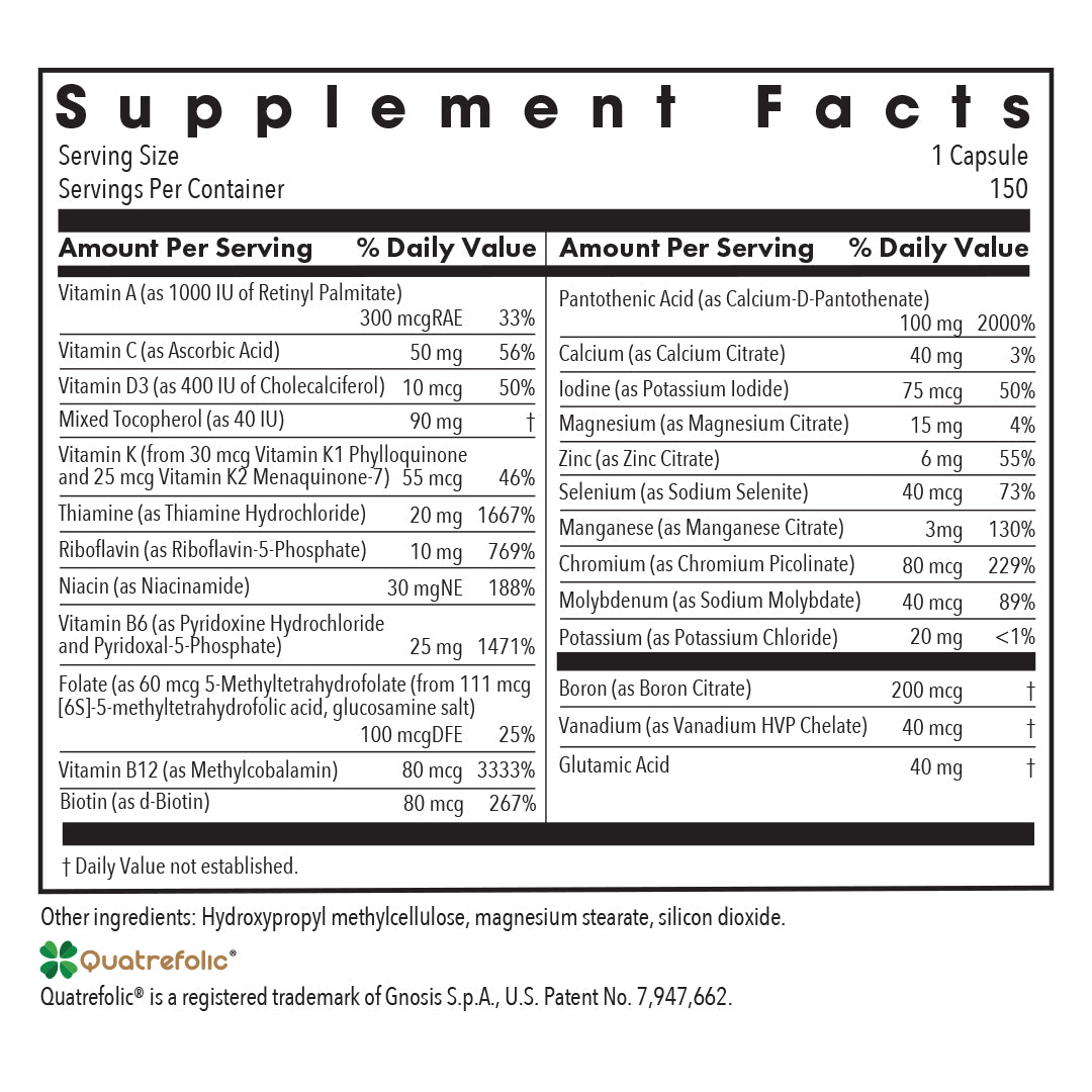 Multi-Vi-Min® without Copper & Iron - supplement fact label with Vitamin A,C,D3,K,B6,B12 and more