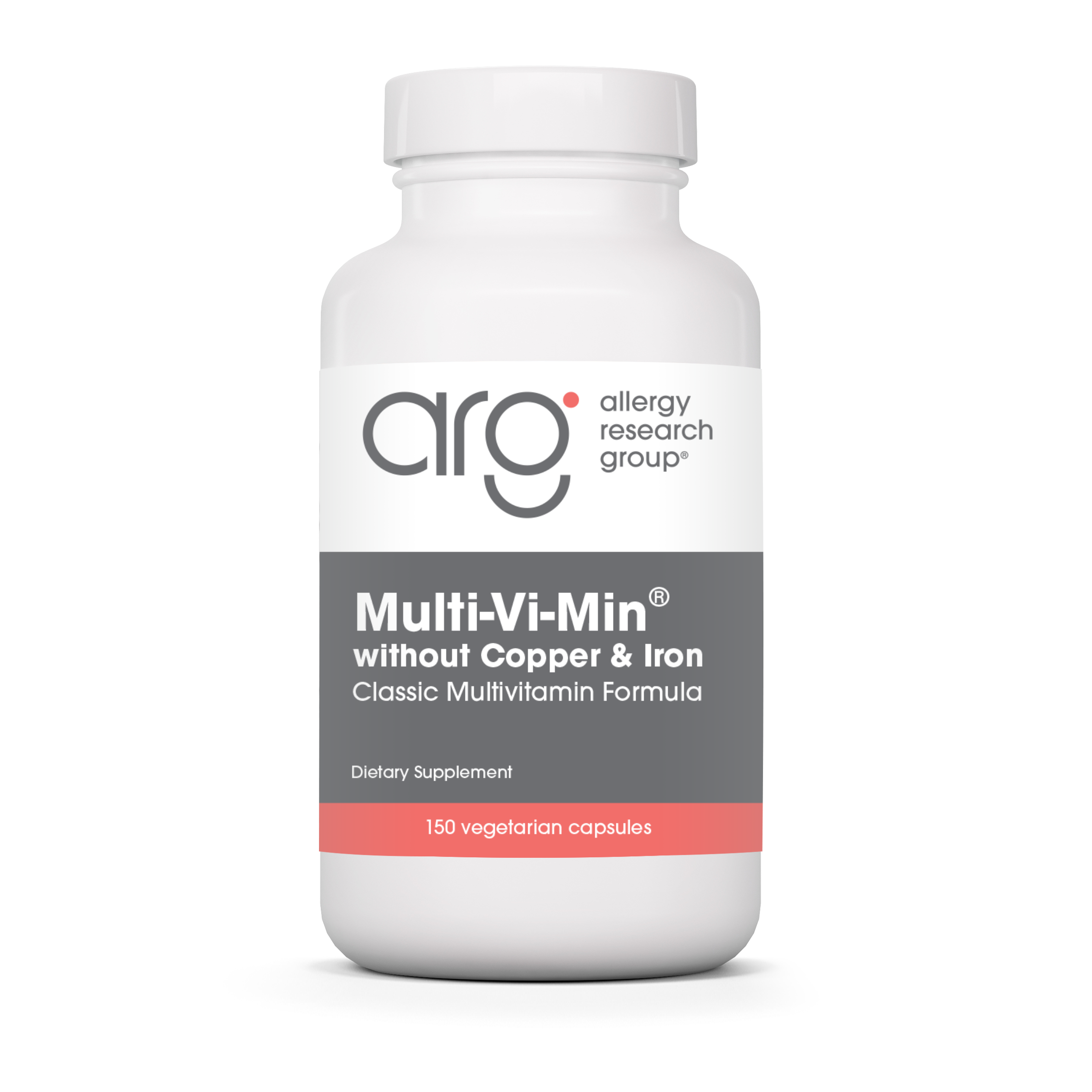 Allergy Research Group Multi-Vi-Min without Copper and Iron multivitamin bottle for foundational daily nutrition and mineral support