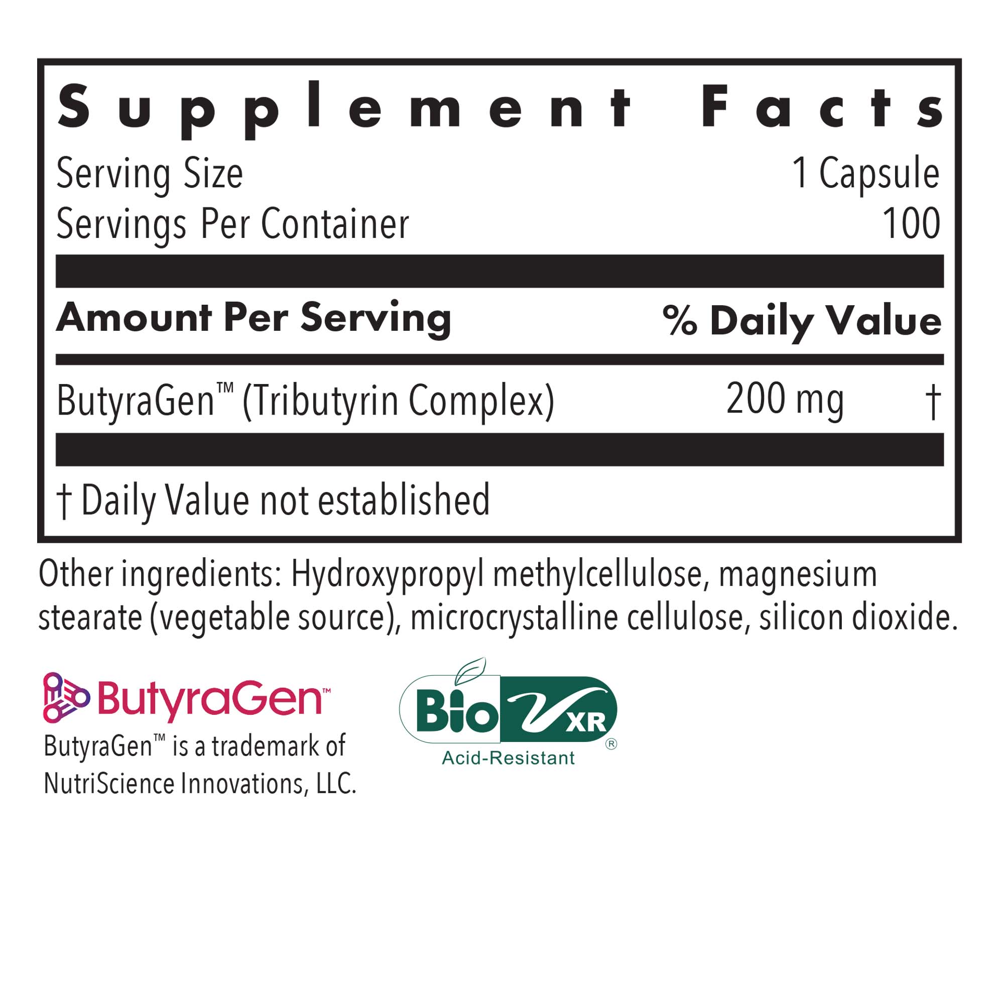 ButyrEn® - supplement fact label with ButyrGen