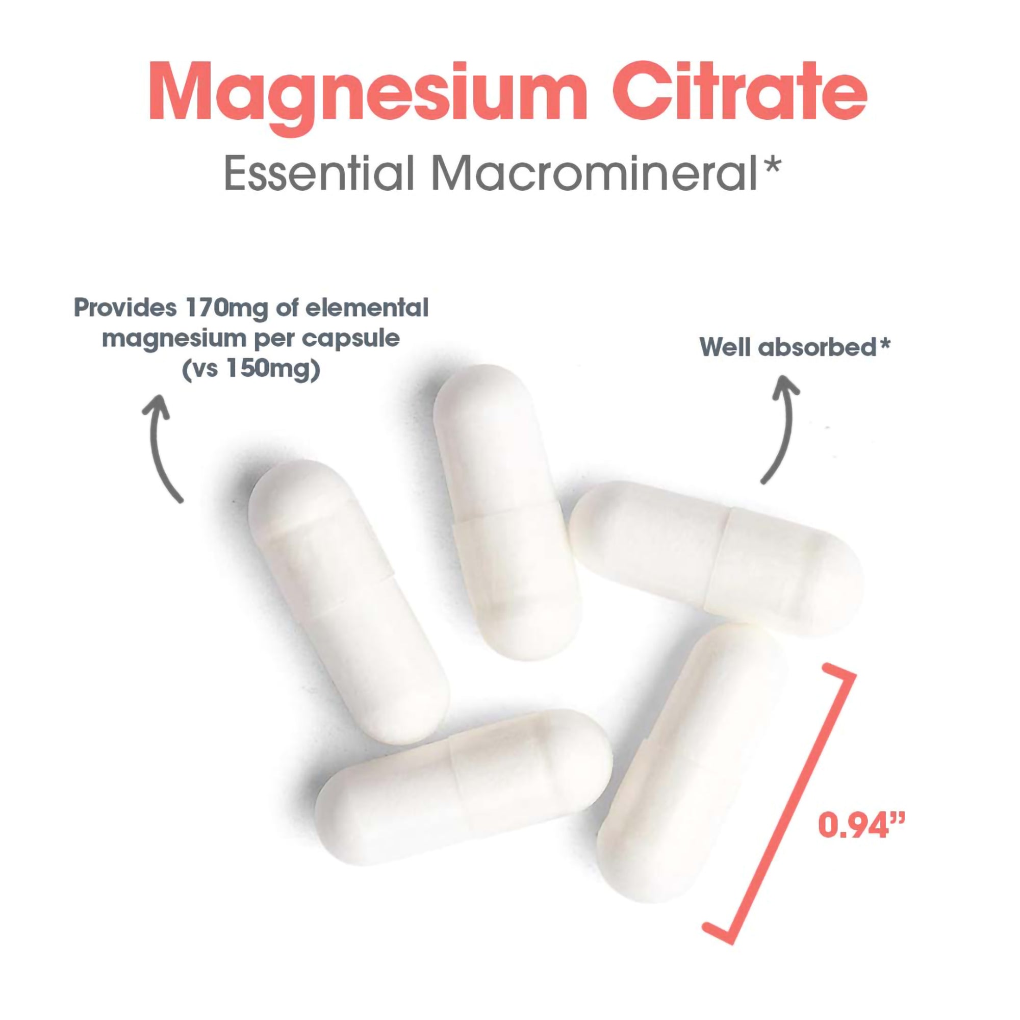 Magnesium Citrate - capsule size and composition with 170mg of elemental magnesium per capsule