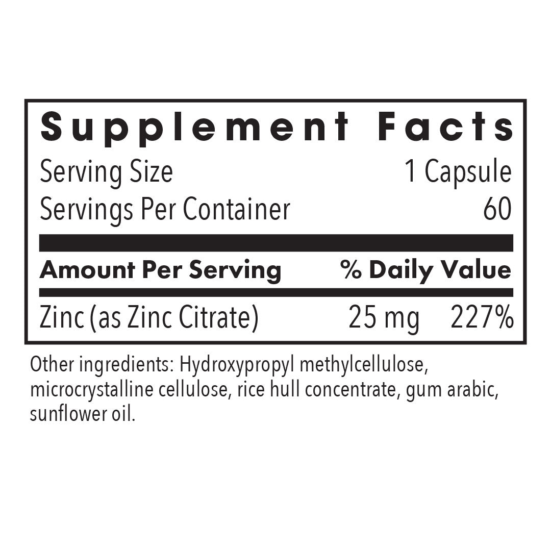 Zinc Citrate 25 mg- supplement fact label with Zinc