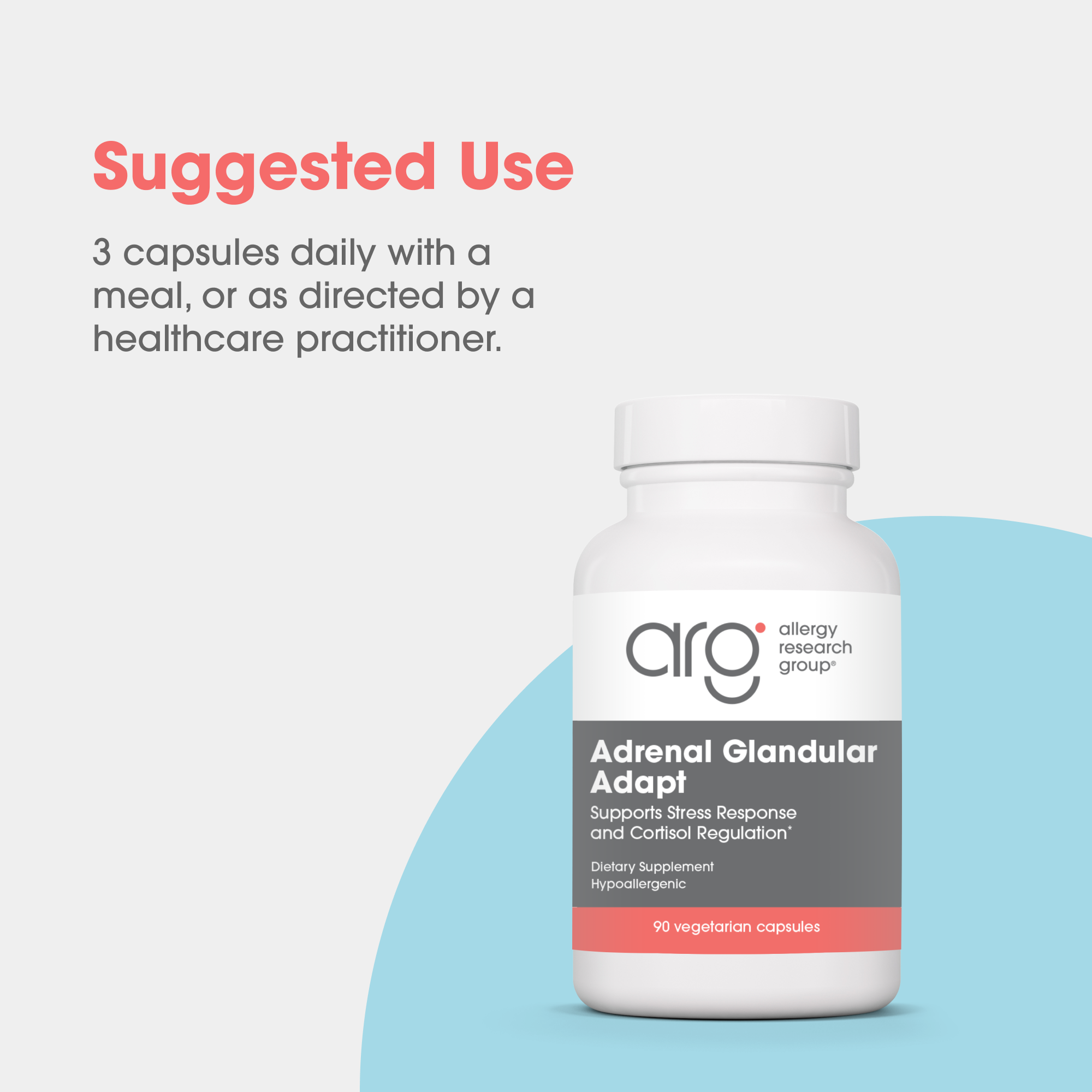 Suggested use graphic for Adrenal Glandular Adapt showing directions for 3 capsules daily with a meal beside the bottle
