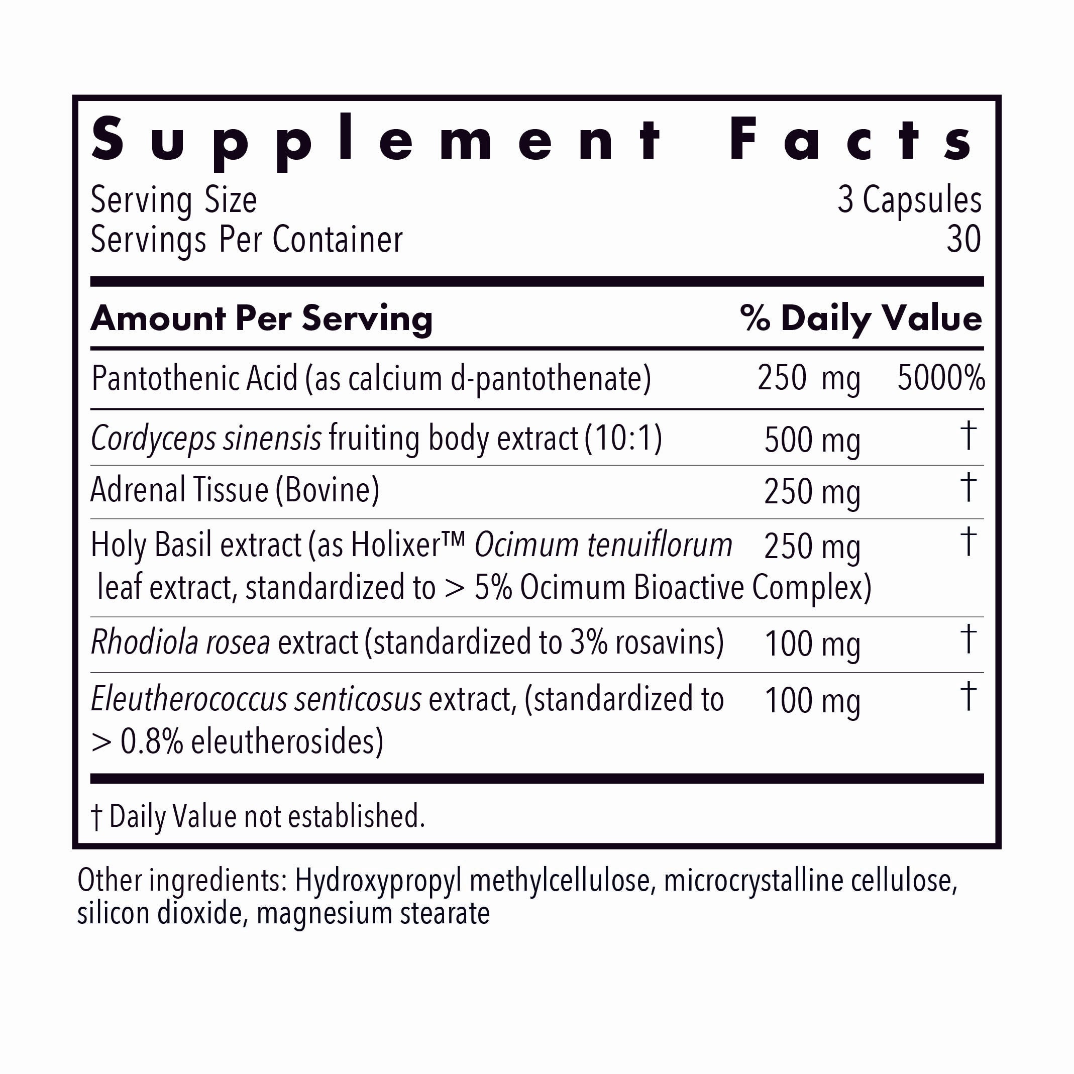 Supplement Facts panel for Adrenal Glandular Adapt showing pantothenic acid, cordyceps, adrenal tissue, holy basil, rhodiola, and eleuthero extract