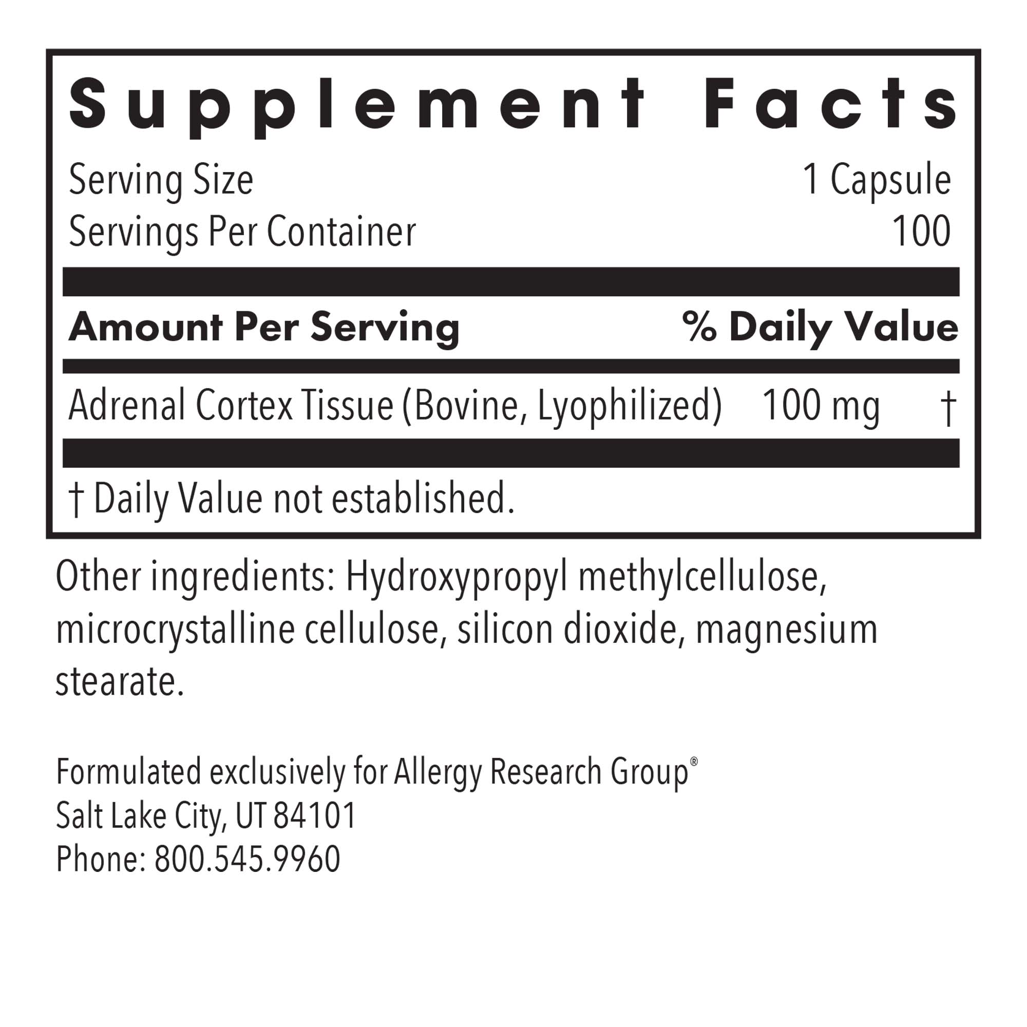 Adrenal Cortex –  supplement fact label with Adrenal Cortex Tissue