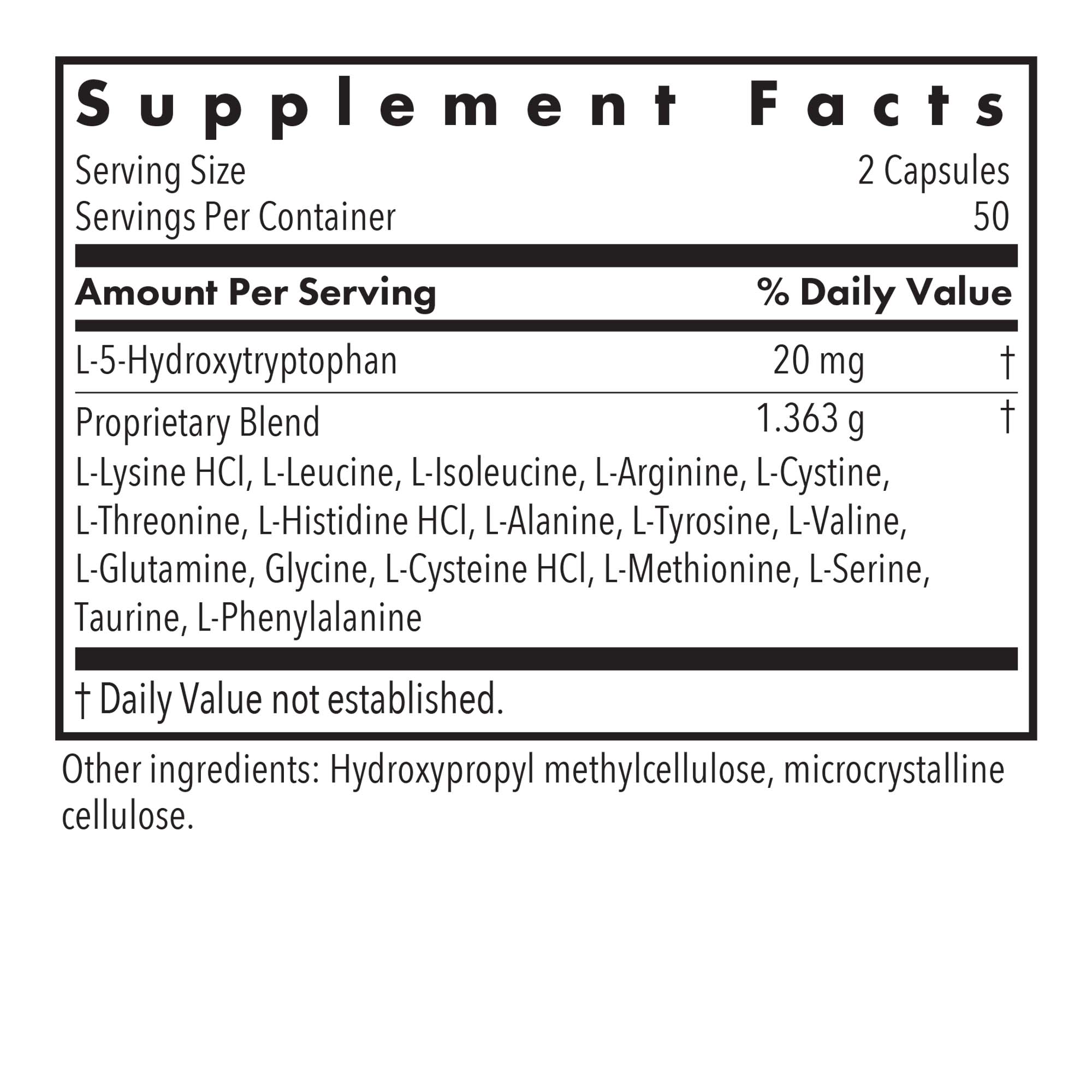 Free Aminos - supplement fact label with L-5-Hydroxytryptophan