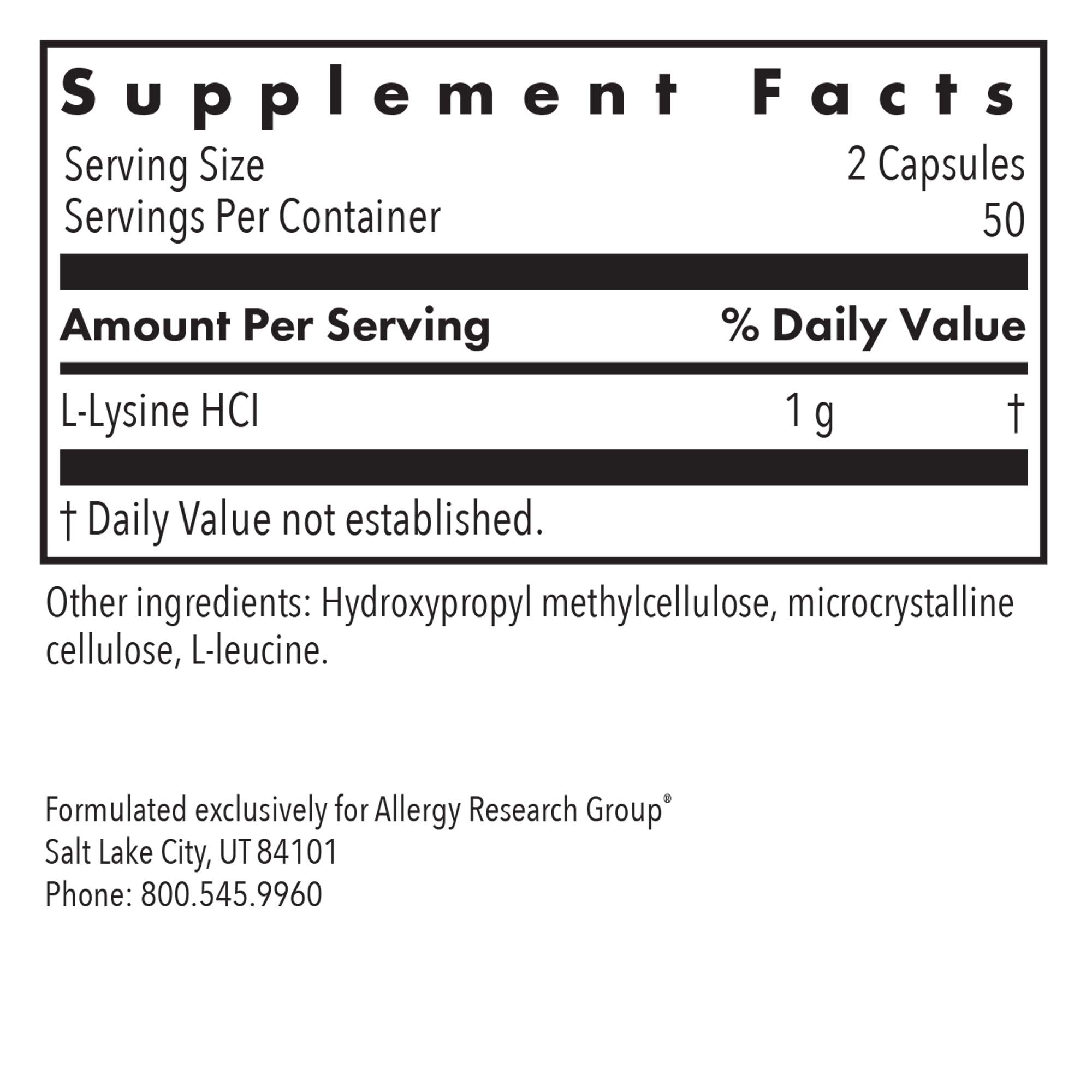 L-Lysine 500 mg - supplement fact label with L-Lysine HCI