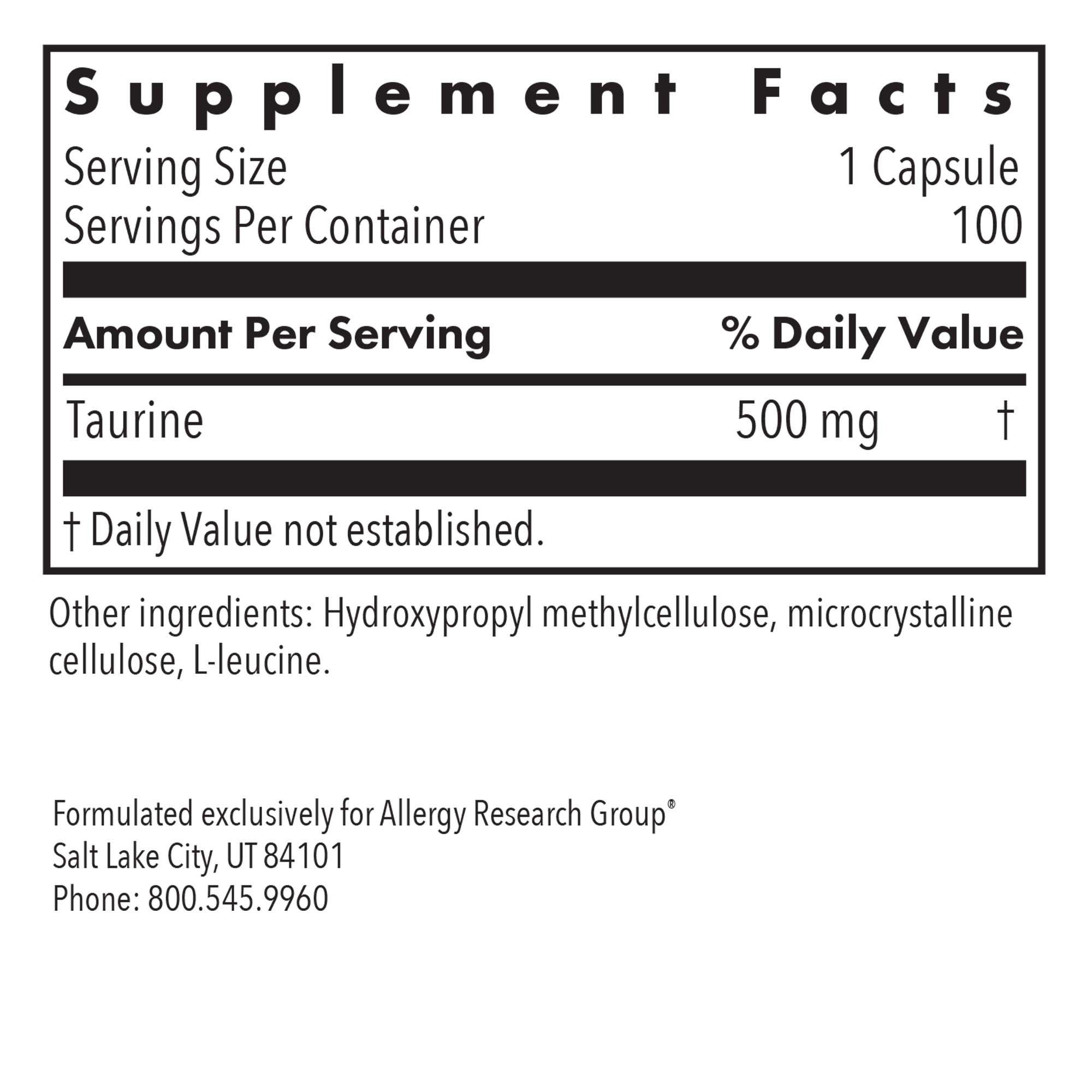 Taurine 500 mg - supplement fact label with Taurine
