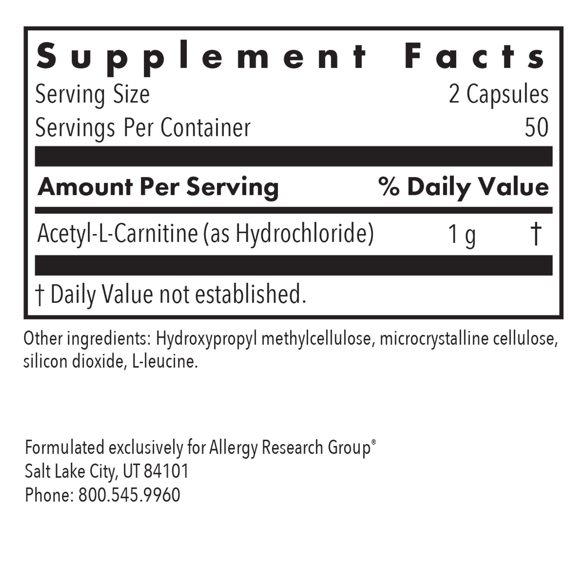Acetyl-L-Carnitine 500 mg – supplement fact label with Acetyl-L-Carnitine