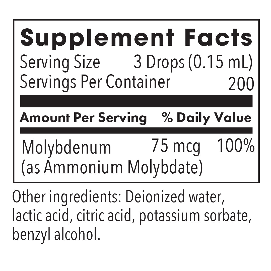 Liquid Molybdenum - supplement fact label with Molybdenum