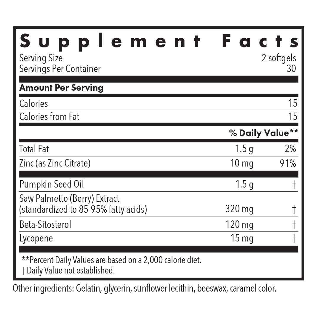 Supplement Facts panel for Palmetto Complex II softgels showing saw palmetto extract, pumpkin seed oil, beta-sitosterol, zinc, and lycopene