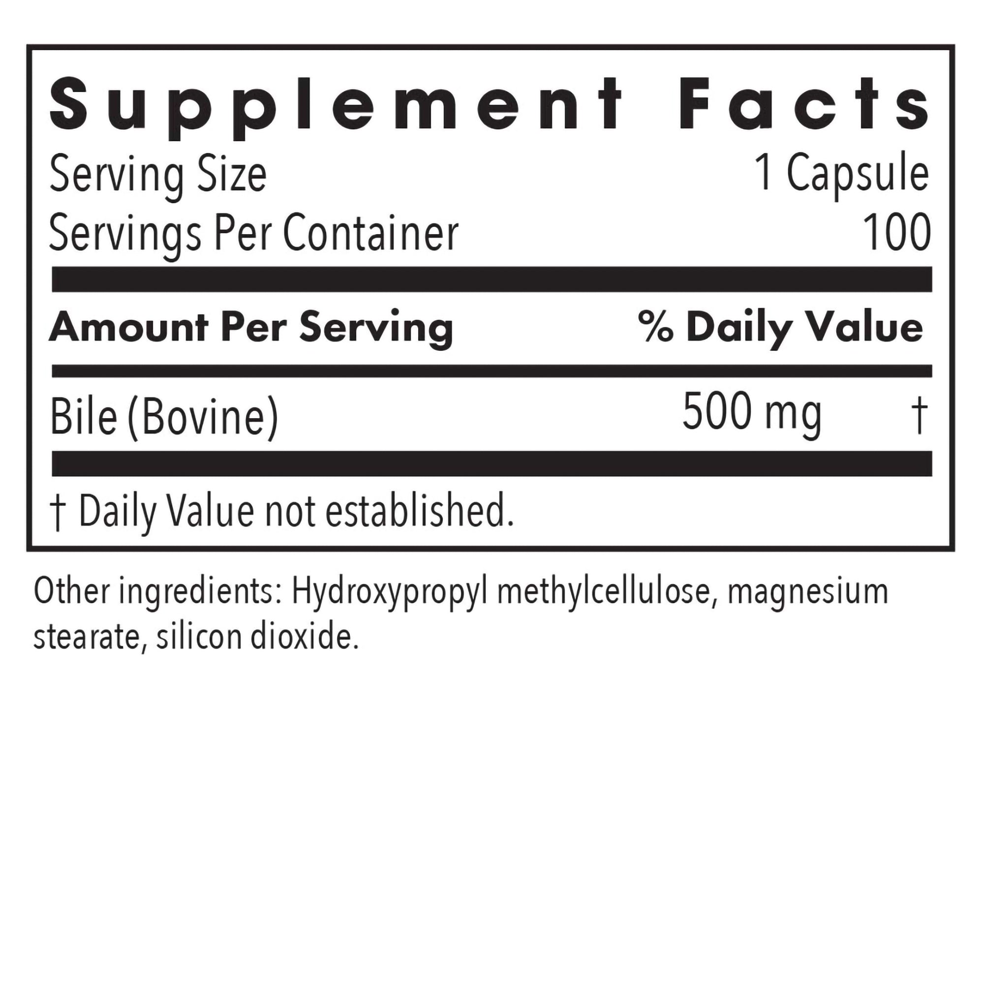 Ox Bile 500 mg - supplement fact label with Bile