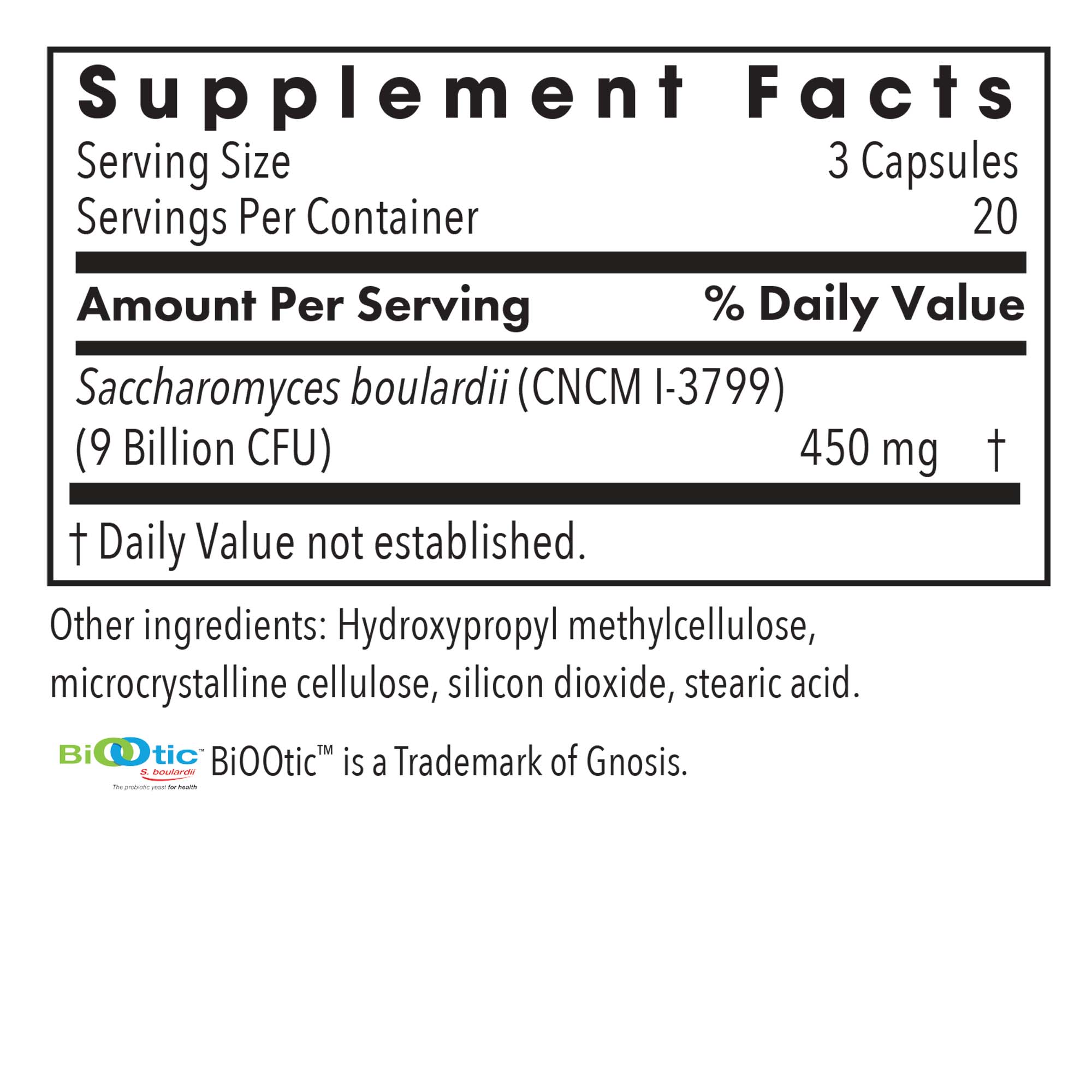 Essential-Biotic® SACCHAROMYCES BOULARDII - supplement fact label with Saccharomyces boulardii