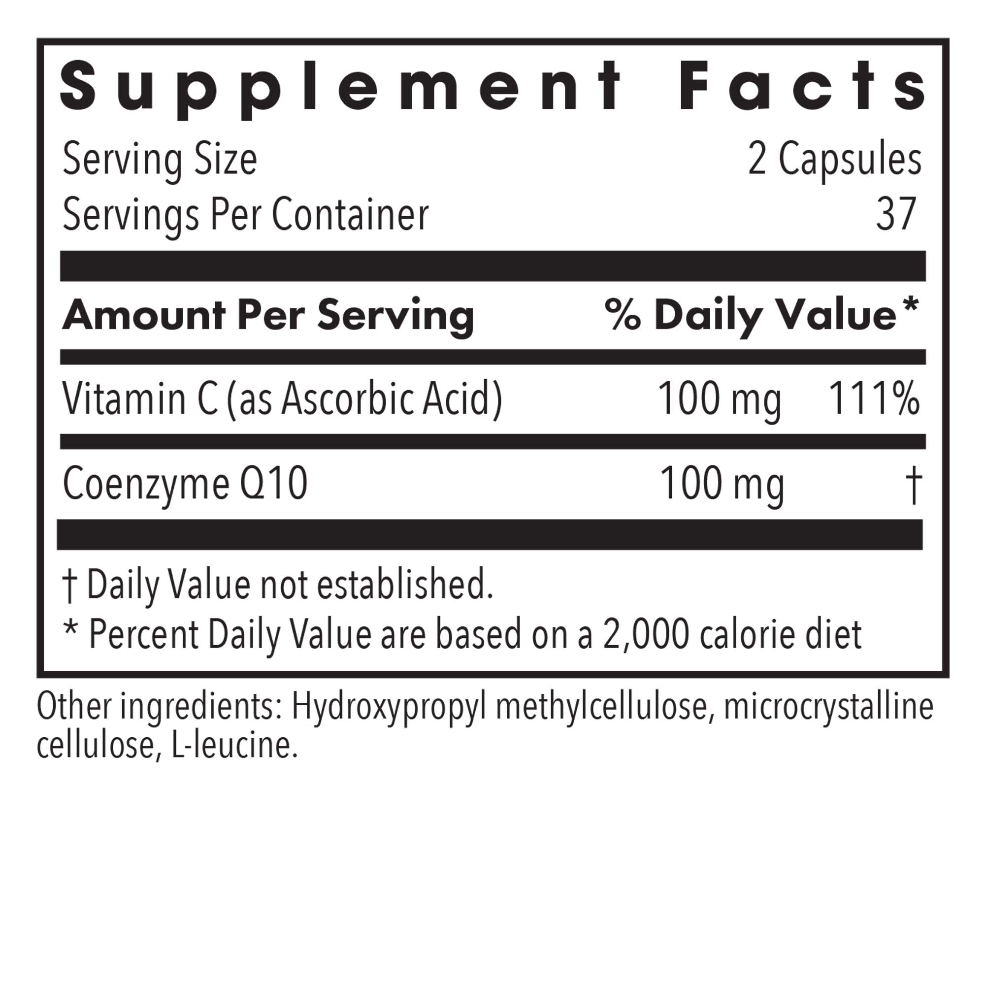 Coenzyme Q10 50 mg - supplement fact label with Vitamin C and Coenzyme Q10