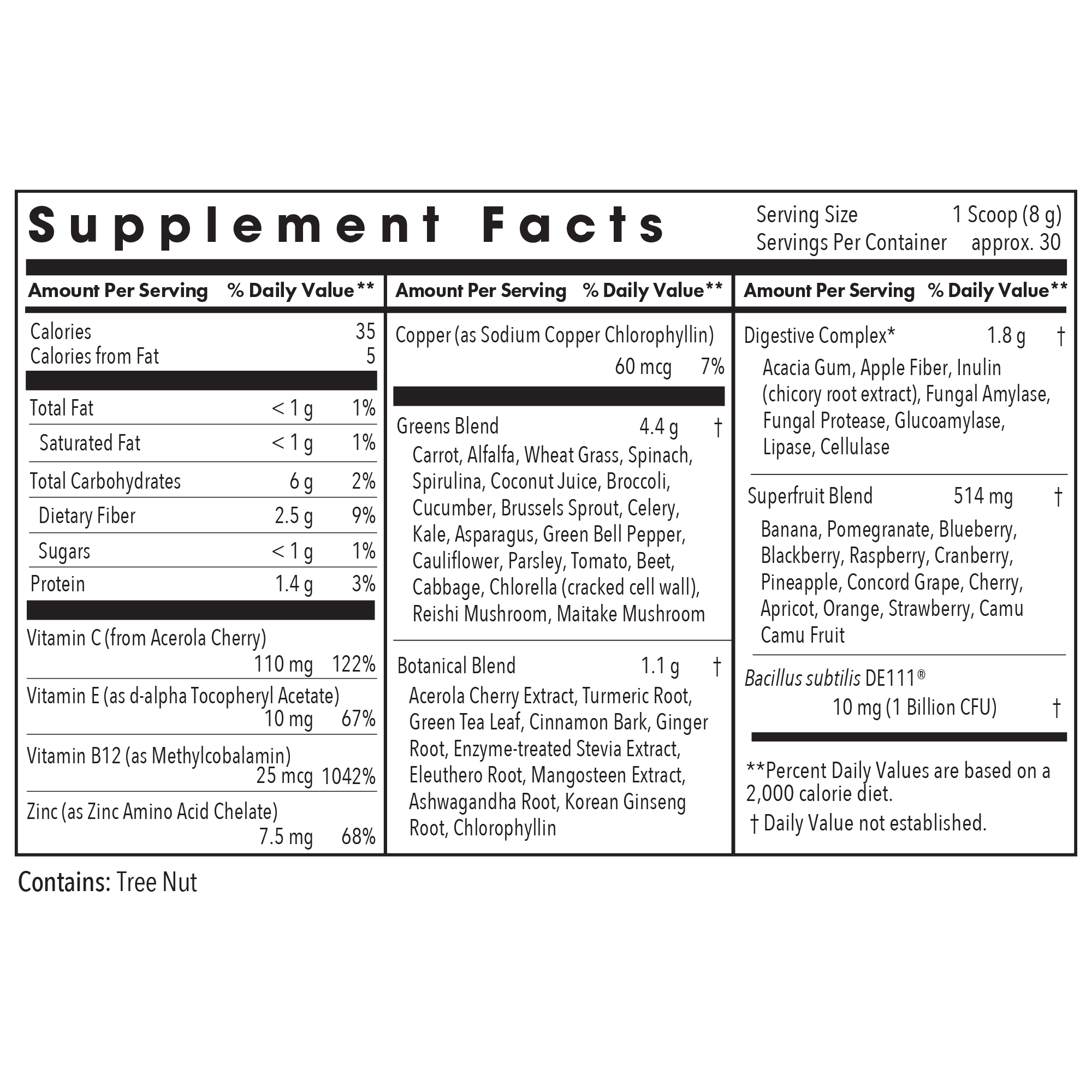 Super Greens Powder - supplement fact label with Vitamin C,E,B12, Zinc and more