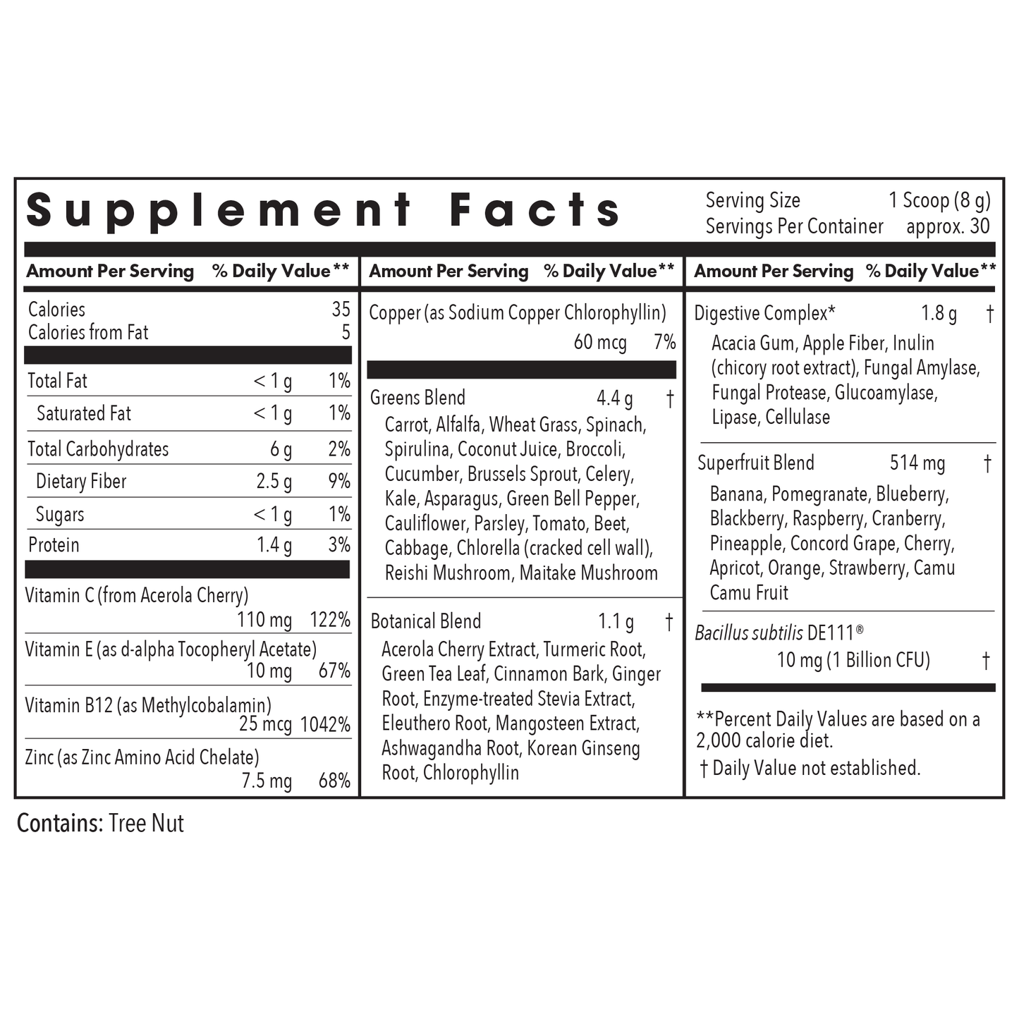 Super Greens Powder - supplement fact label with Vitamin C,E,B12, Zinc and more
