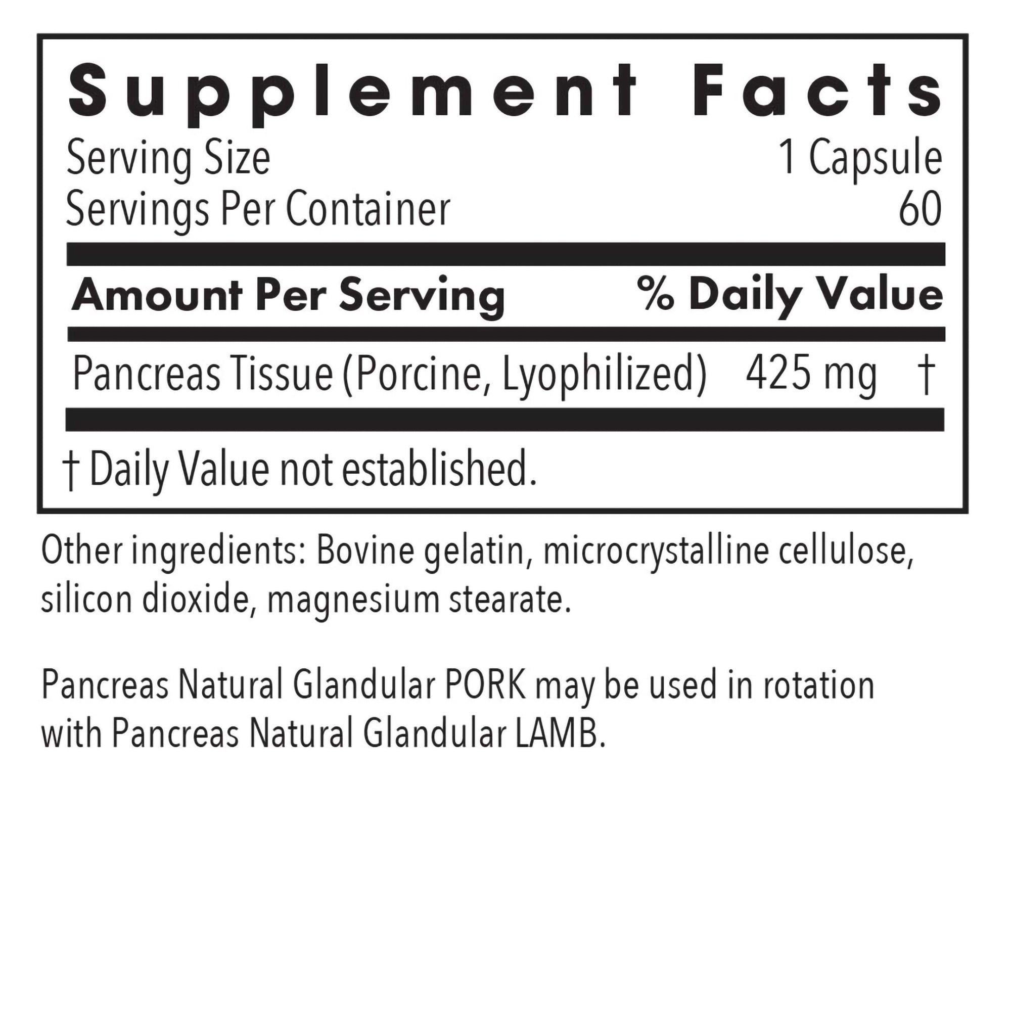 Supplement Facts panel for Pancreas Pork natural glandular showing porcine pancreas tissue per serving and serving information