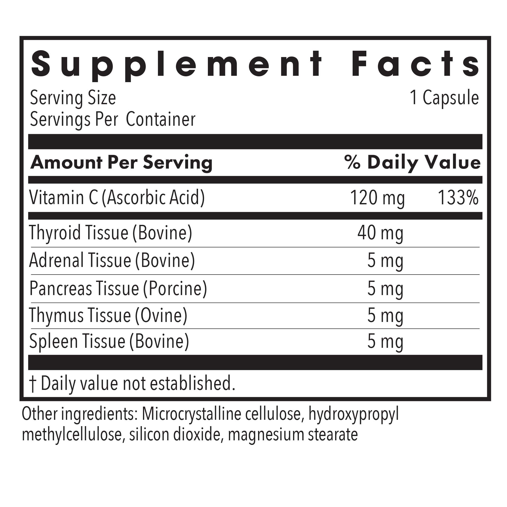 Supplement Facts panel for TG 100 showing vitamin C, thyroid tissue, adrenal, pancreas, thymus, and spleen glandular ingredients per capsule