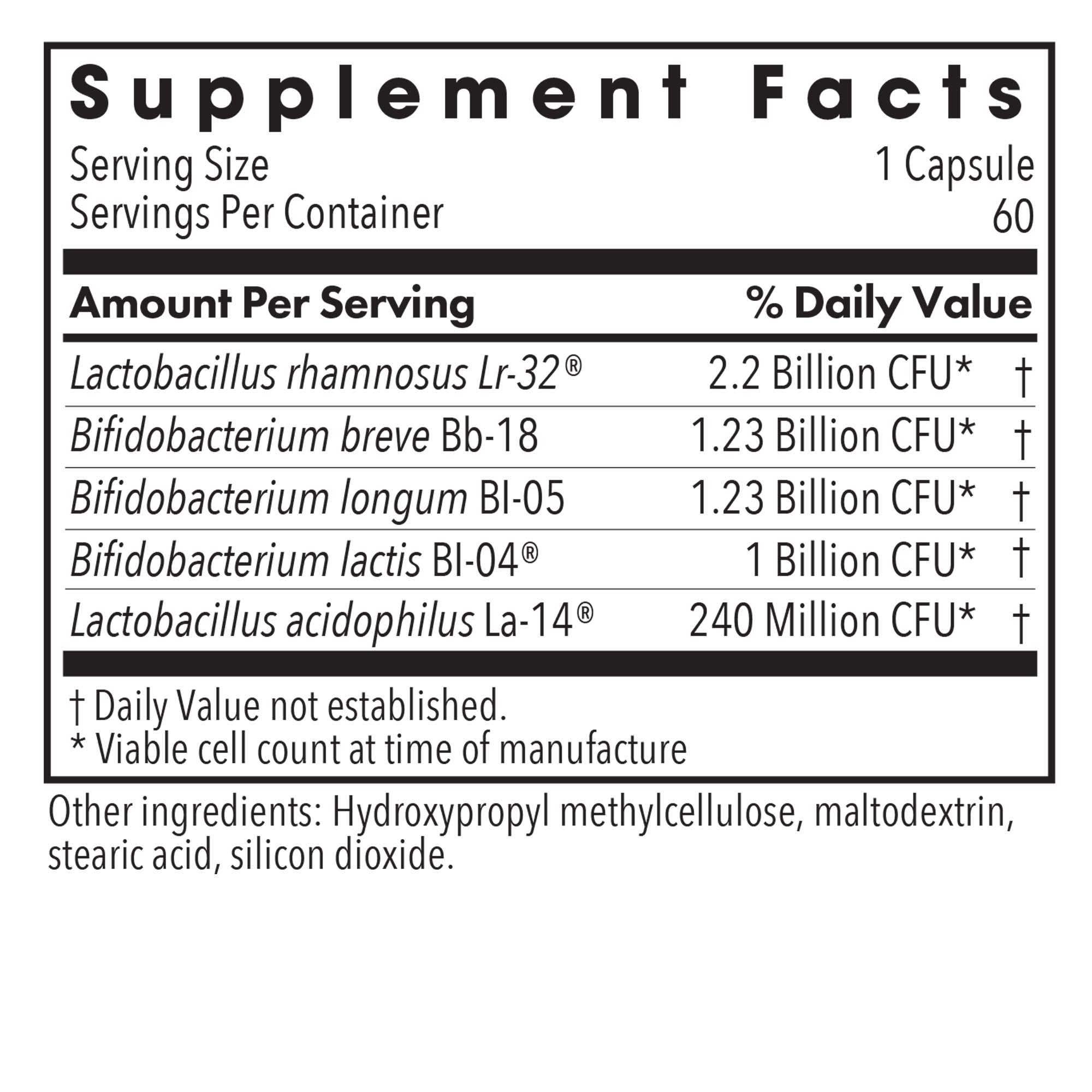 BifidoBiotics - supplement fact label with Lactobacillus and Bifidobacterium