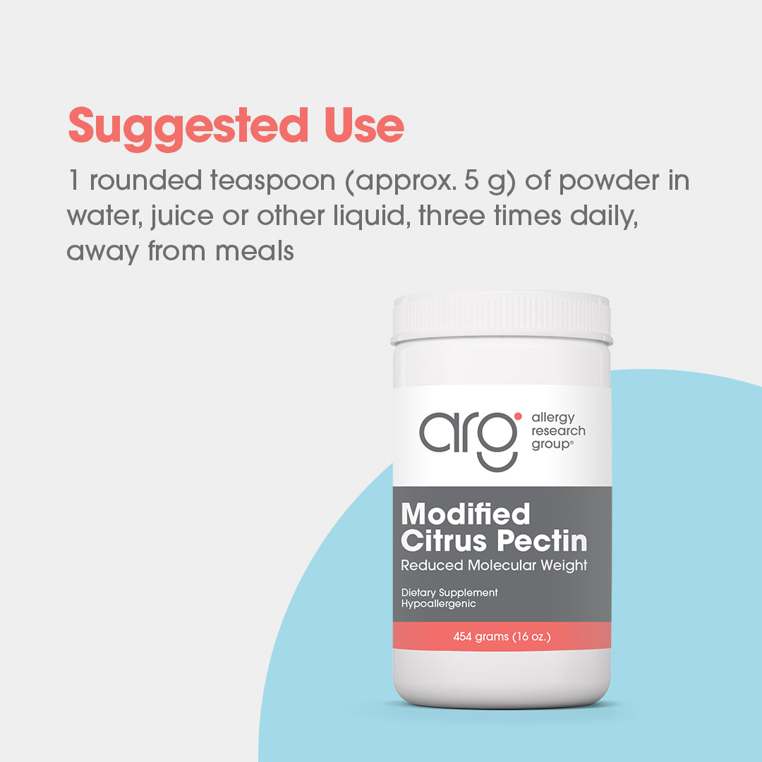 Suggested use graphic for Modified Citrus Pectin powder showing rounded teaspoon directions away from meals beside the 16 oz powder jar