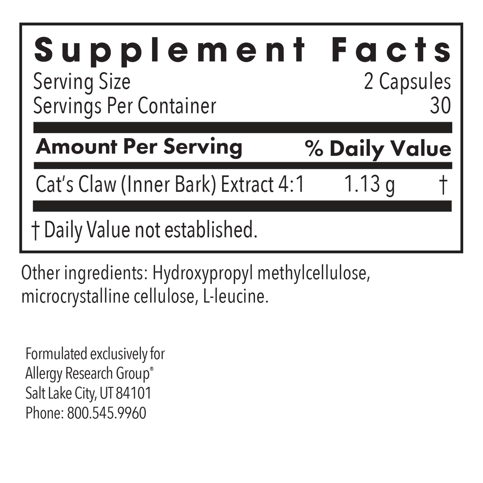 Cat's Claw - supplement fact label with Cat´s Claw 