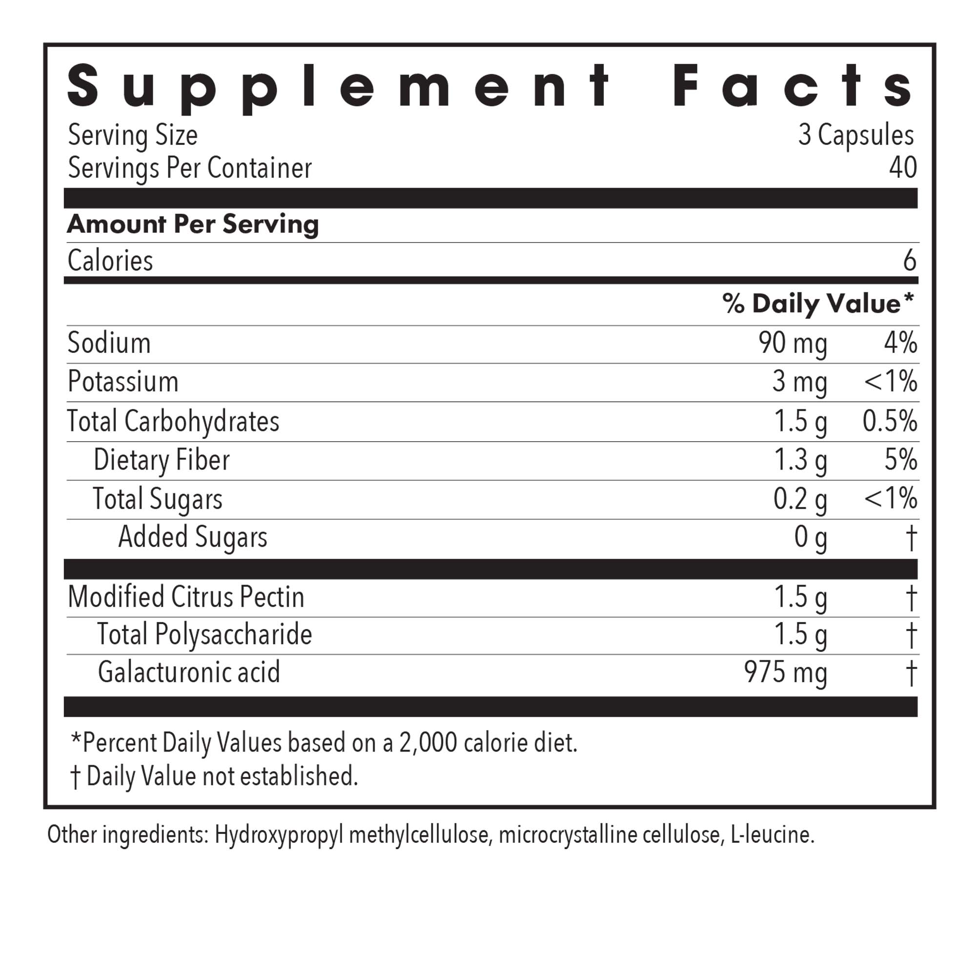 Supplement Facts panel for Modified Citrus Pectin capsules showing fiber, galacturonic acid, and modified citrus pectin per serving