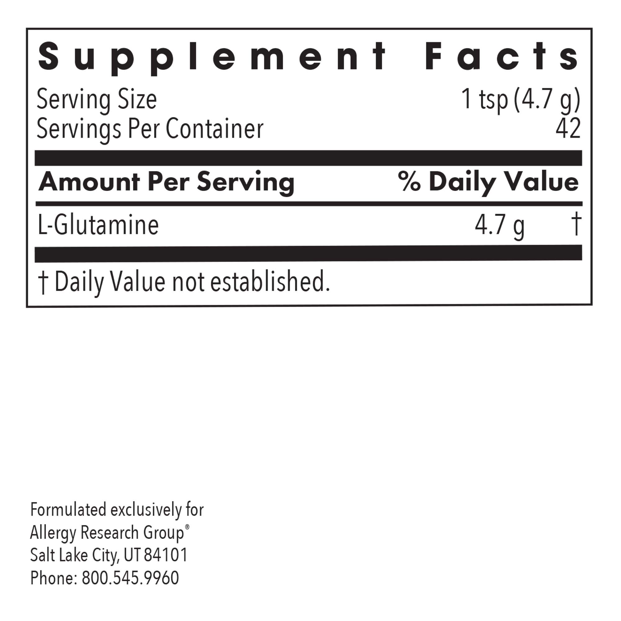 L-Glutamine Powder - supplement fact label with L-Glutamine