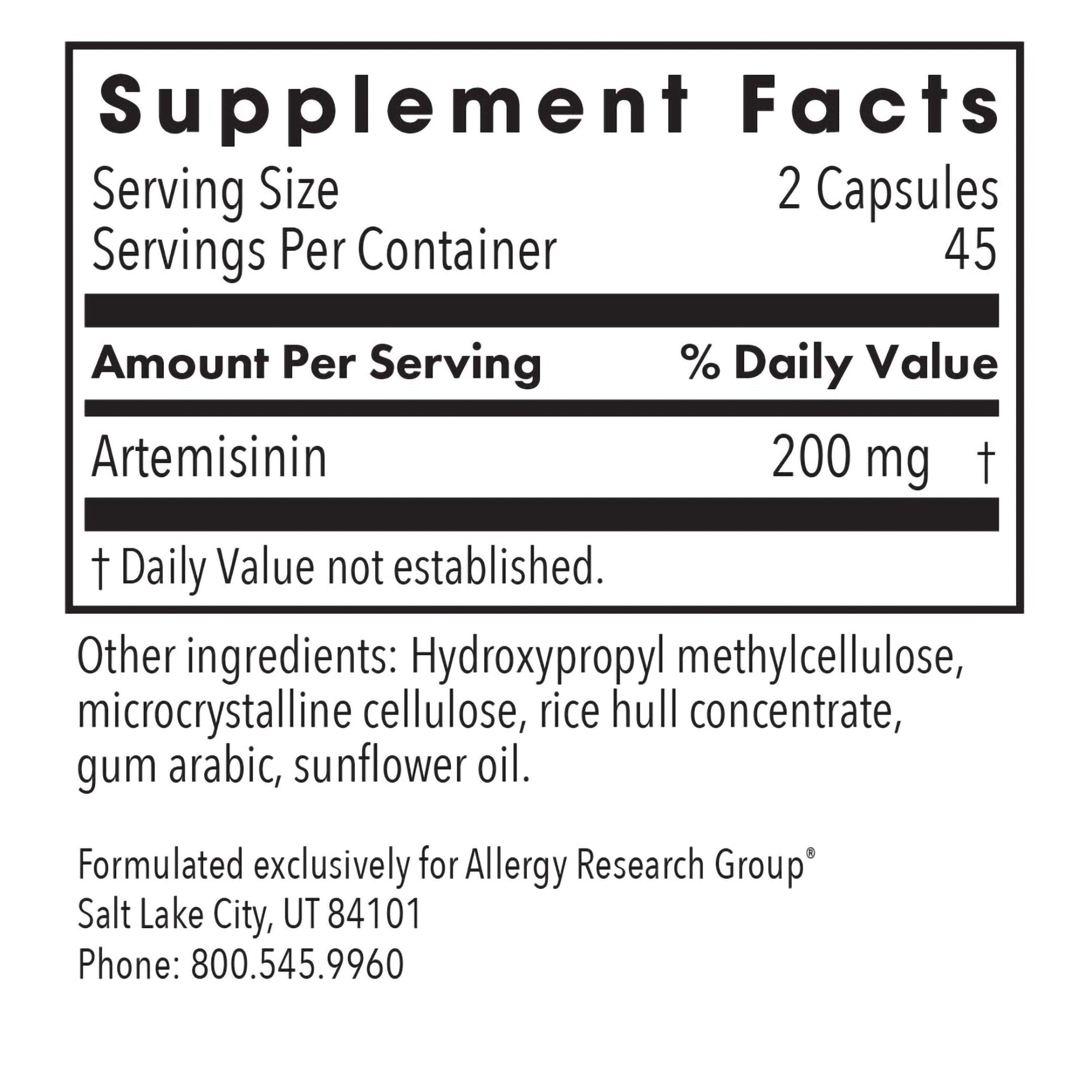 Artemisinin - supplement fact label with Artemisinin