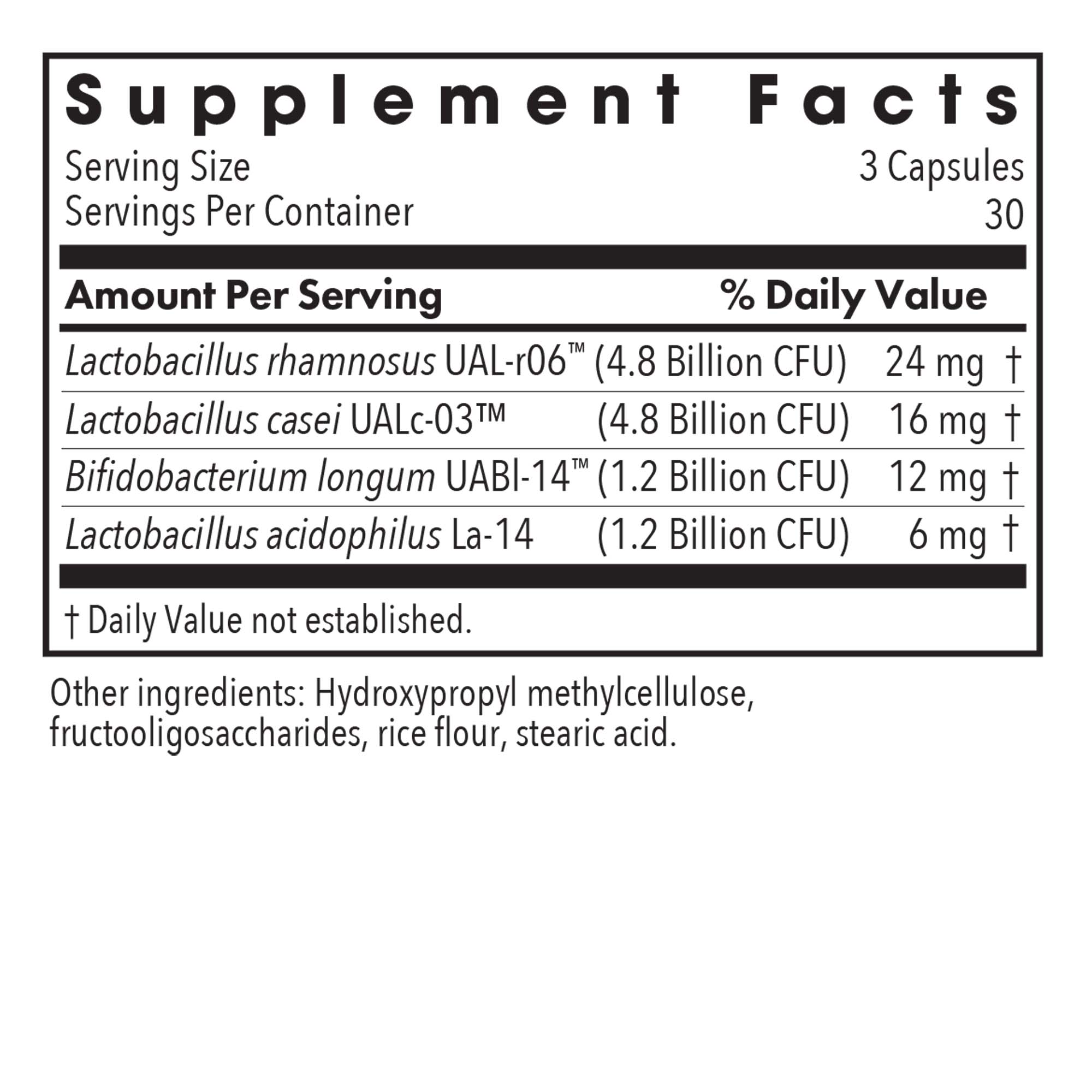 GI Flora - supplement fact label with Lactobacillus and Bifidobacterium
