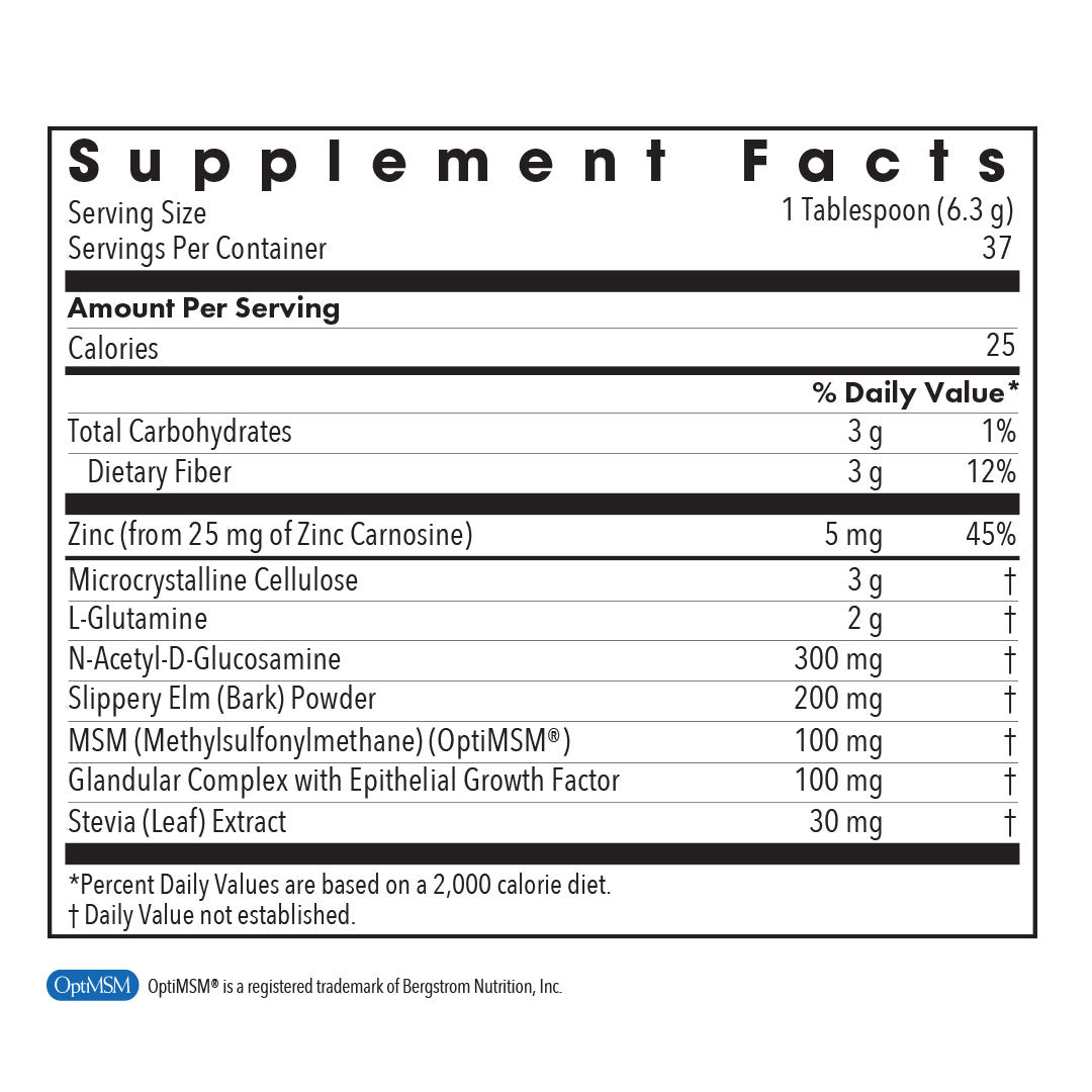 Supplement Facts panel for Perm A vite Powder showing zinc carnosine, L-glutamine, N-acetyl-D-glucosamine, slippery elm, MSM, and gut lining support ingredients