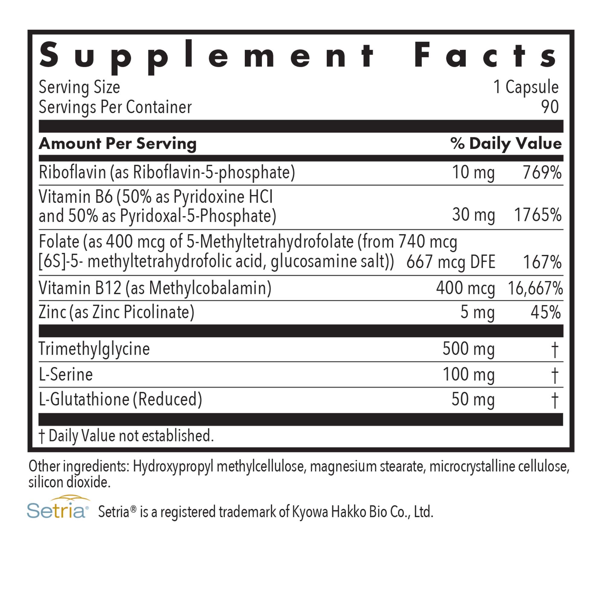 Homocysteine Plus - supplement fact label with Riboflavin, Vitamin B6, Folate, Vitamin B12 and Zinc