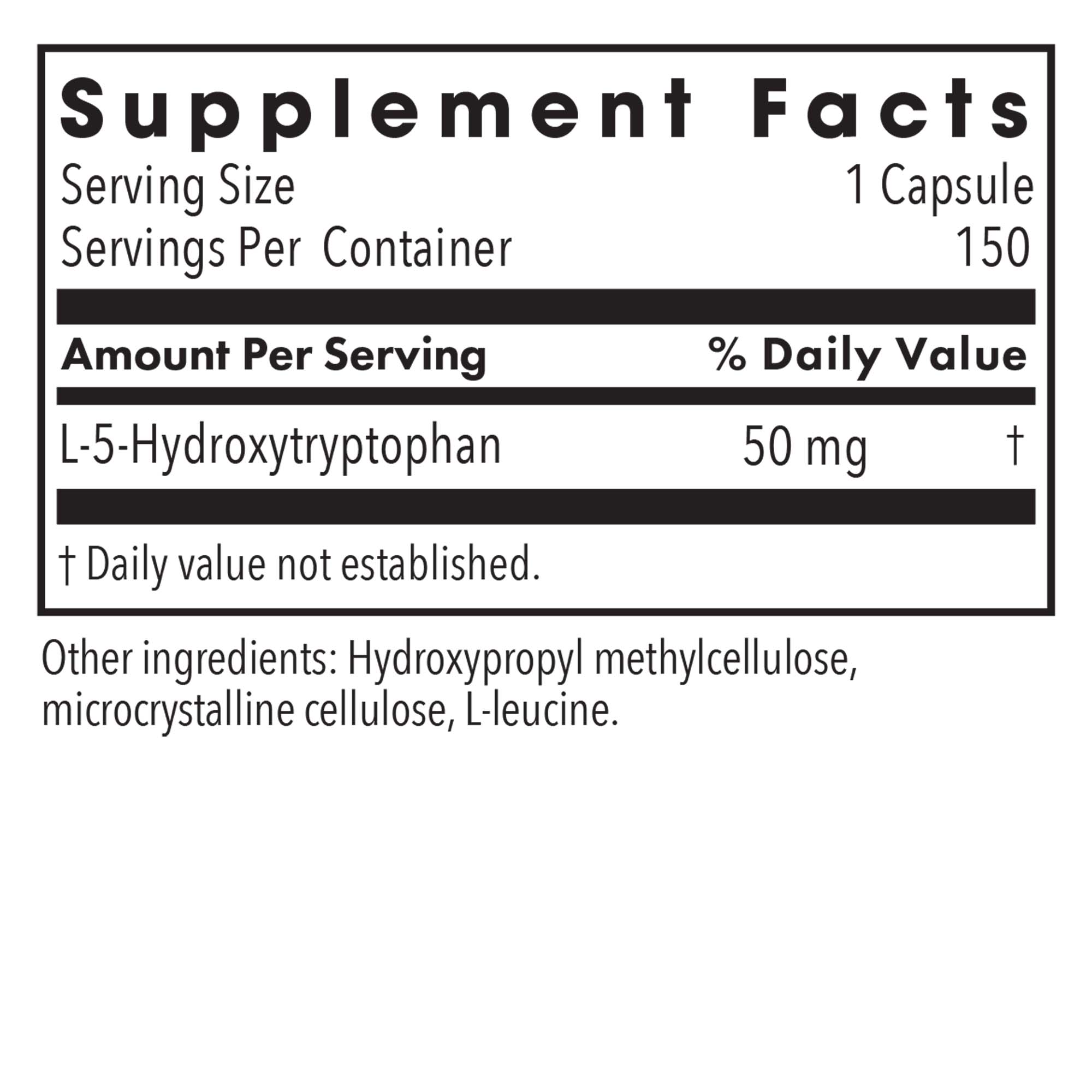 5-HTP 50 mg – supplement fact label with L-5-Hydroxytryptophan