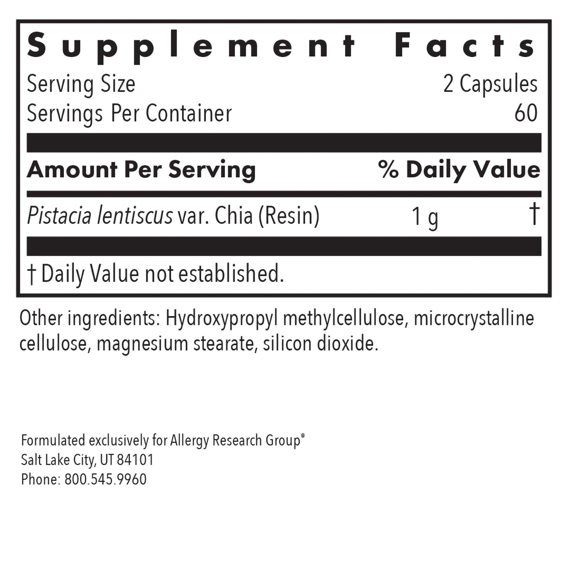 Mastica® - supplement fact label with Pistacia lentischus var. Chia