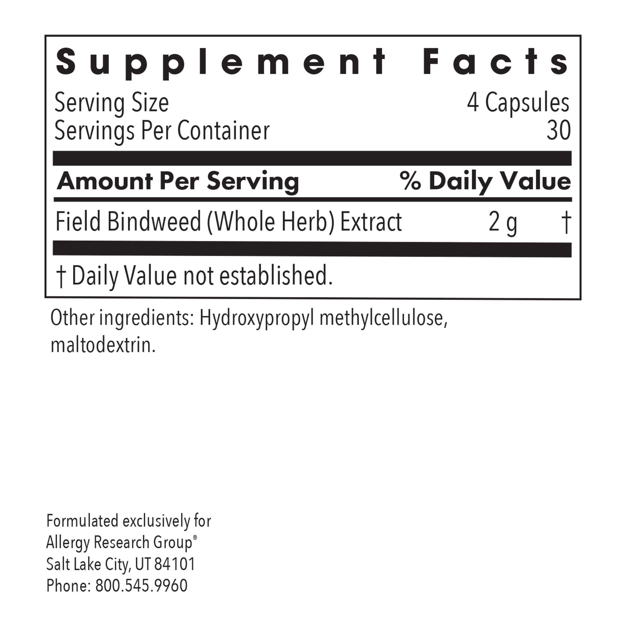 VascuStatin™ Formula - supplement fact label with Field Bindweed