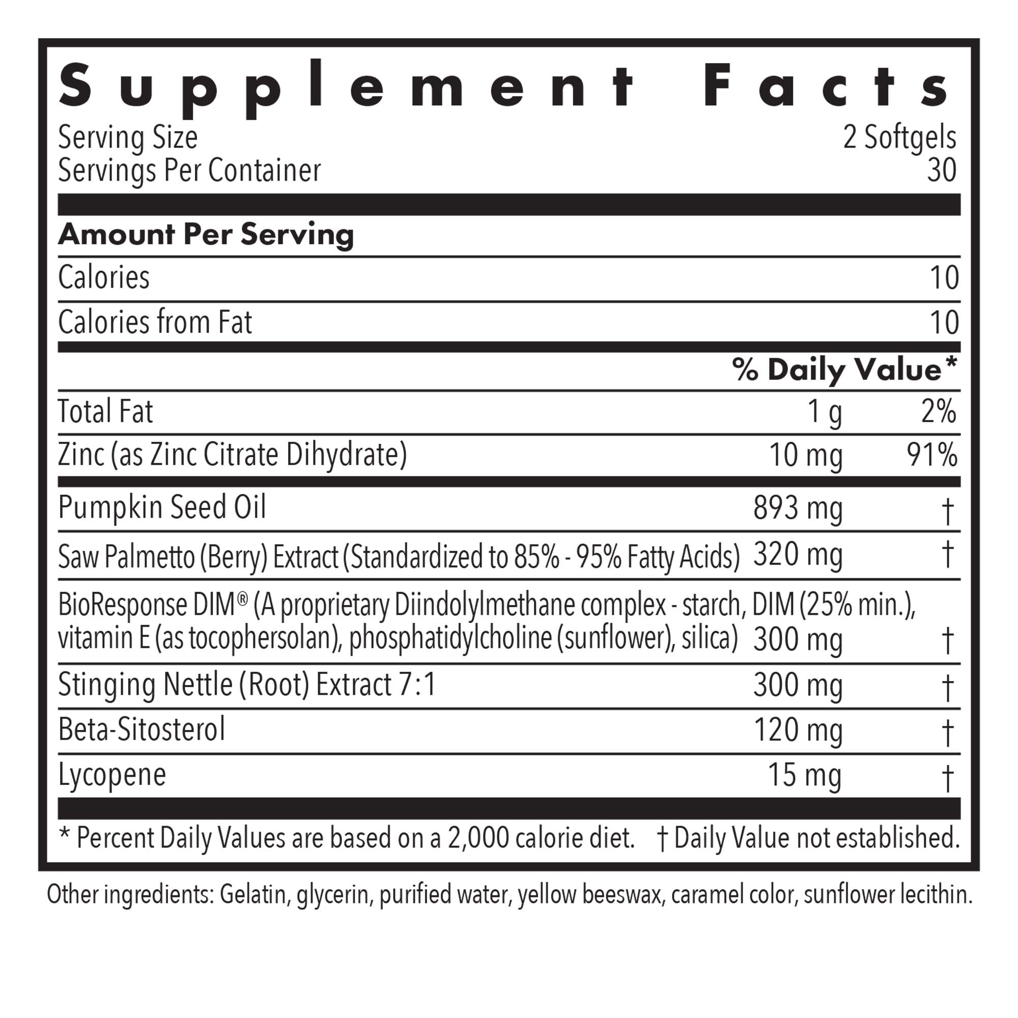 Supplement Facts panel for DIM Palmetto showing pumpkin seed oil, saw palmetto, BioResponse DIM, stinging nettle root, beta-sitosterol, lycopene, and zinc