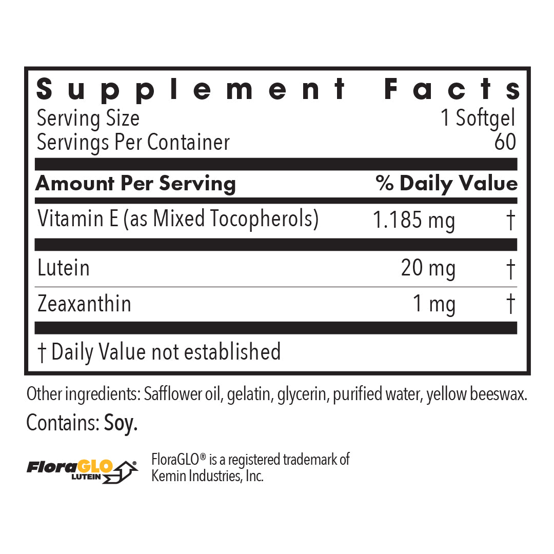 Lutein 20 mg - supplement fact label with Vitamin E, Lutein and Zeaxanthin