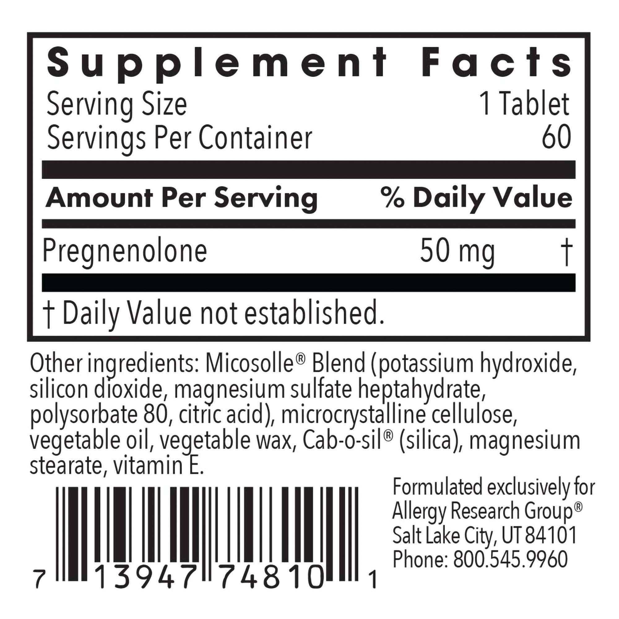 Pregnenolone 50 mg - supplement fact labe with Pregnenolone