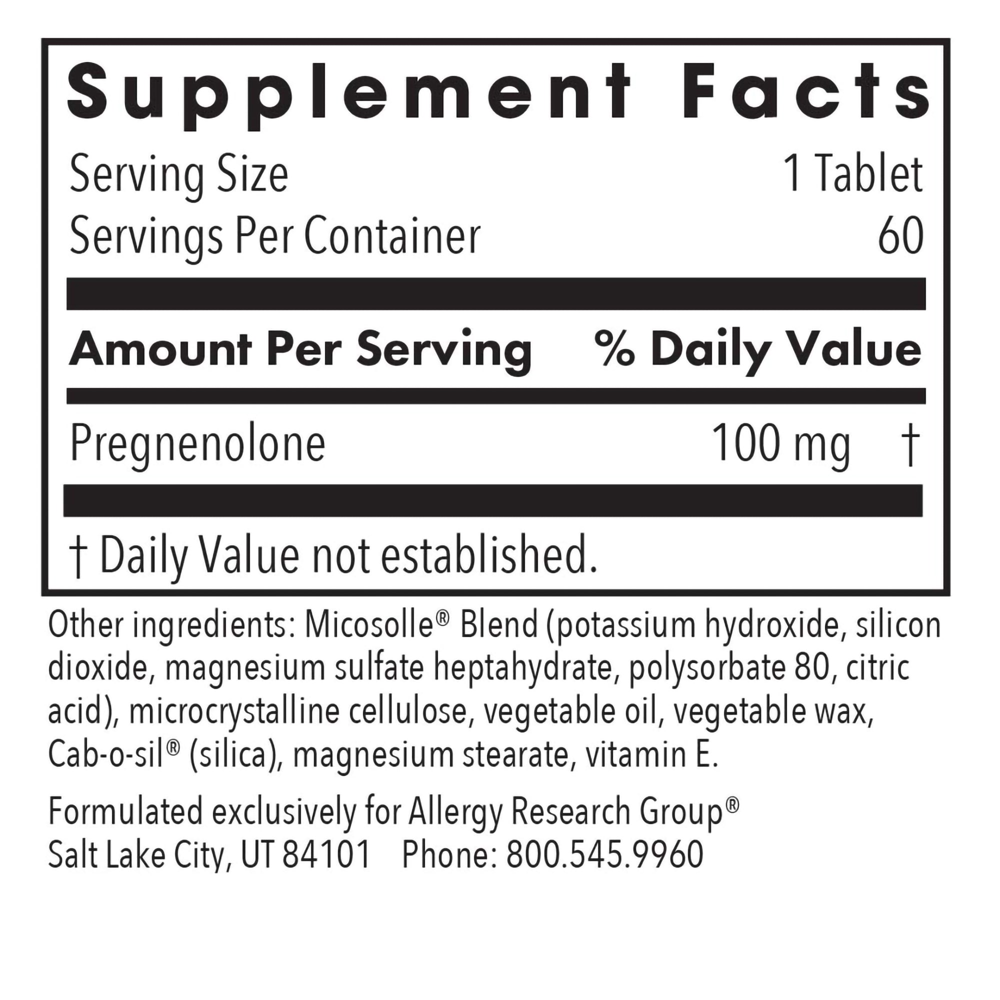 Pregnenolone 100 mg - supplement fact label with Pregnenolone